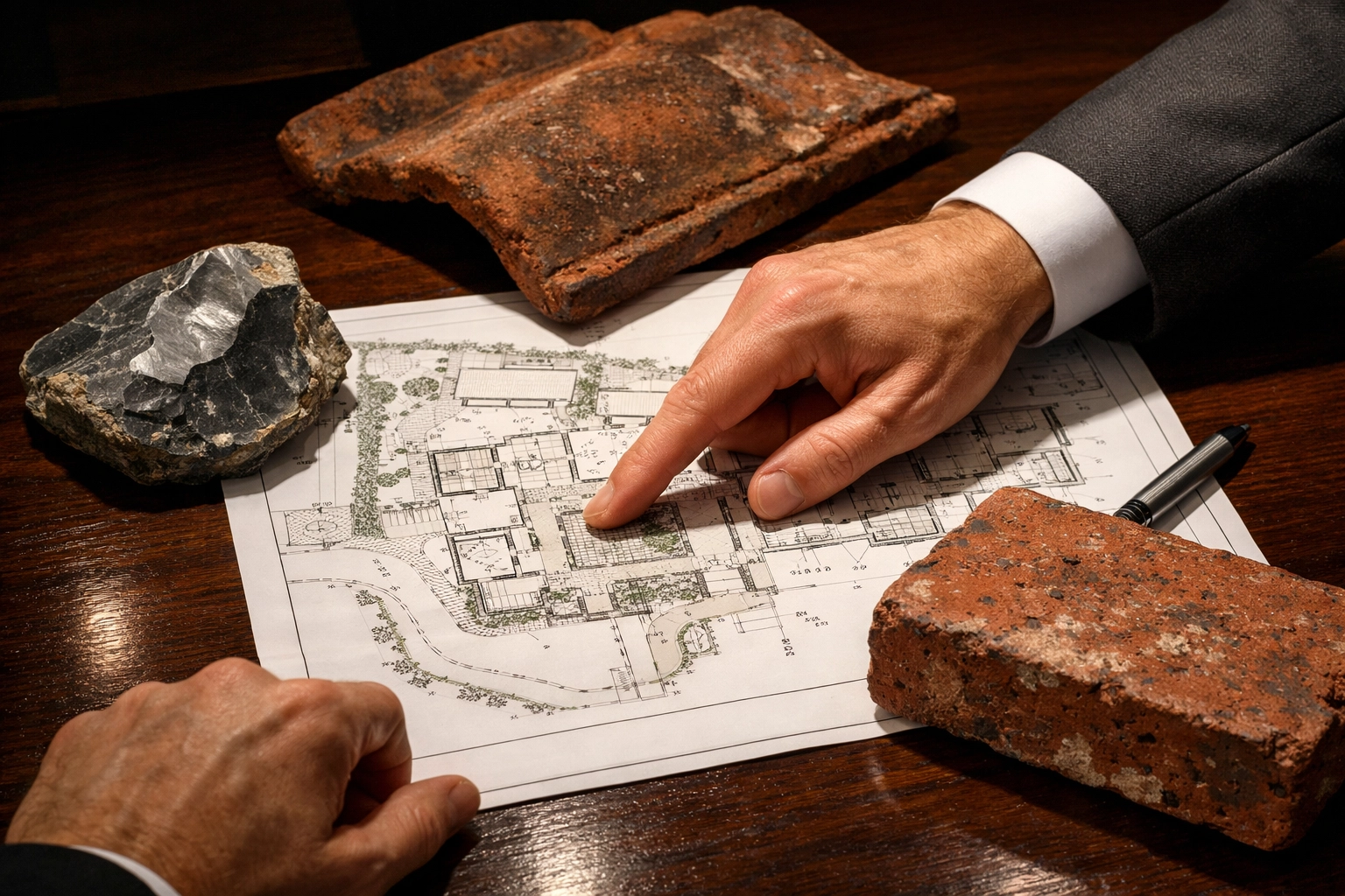 Expert planning consultation showing traditional flint, clay tiles, and Chichester Red brick samples.