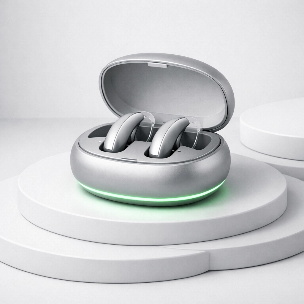 Widex MOMENT SmartRIC rechargeable hearing aids in a modern charging case for all-day battery life.
