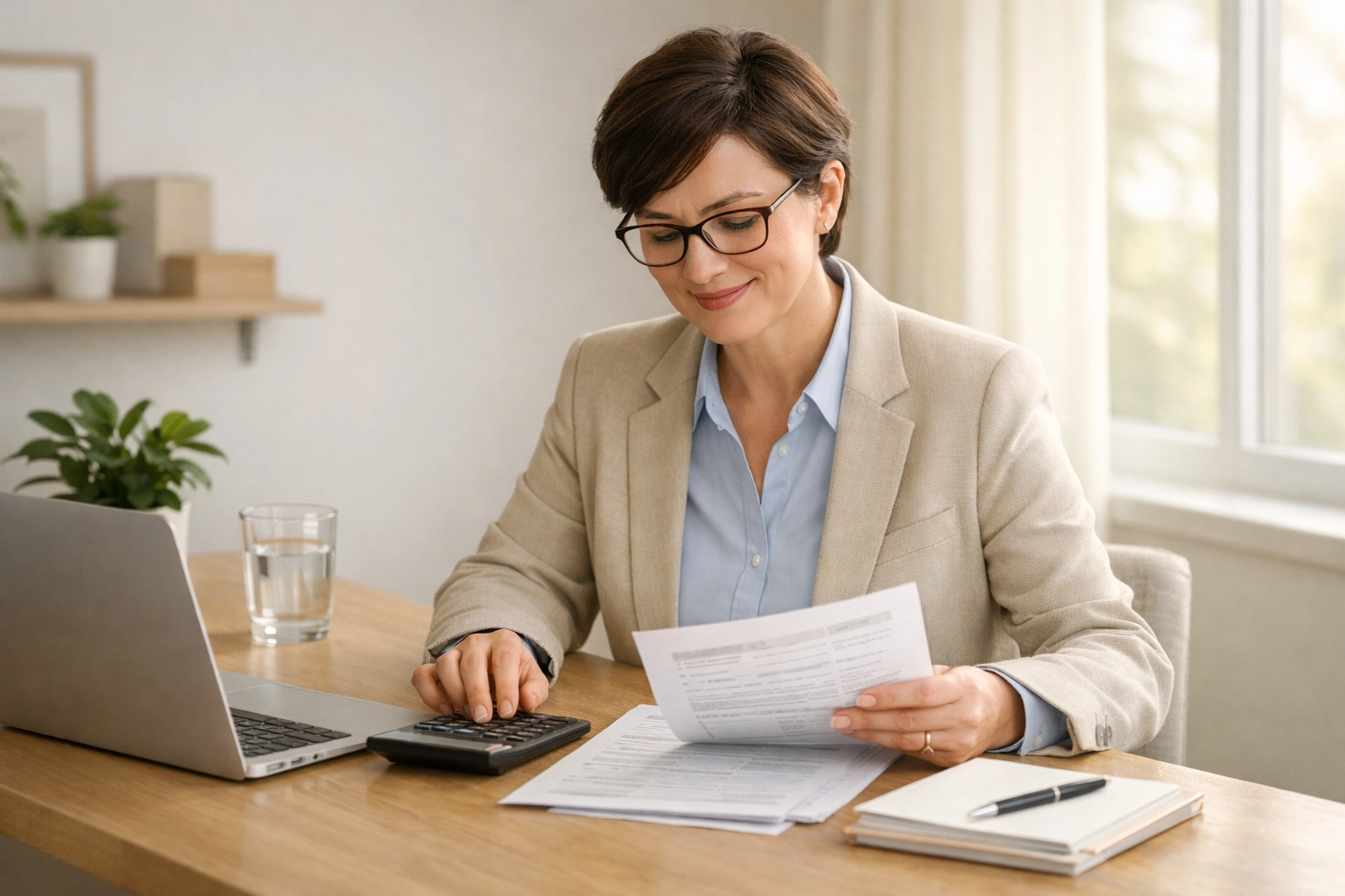 Confident tax preparer serving clients in professional home office