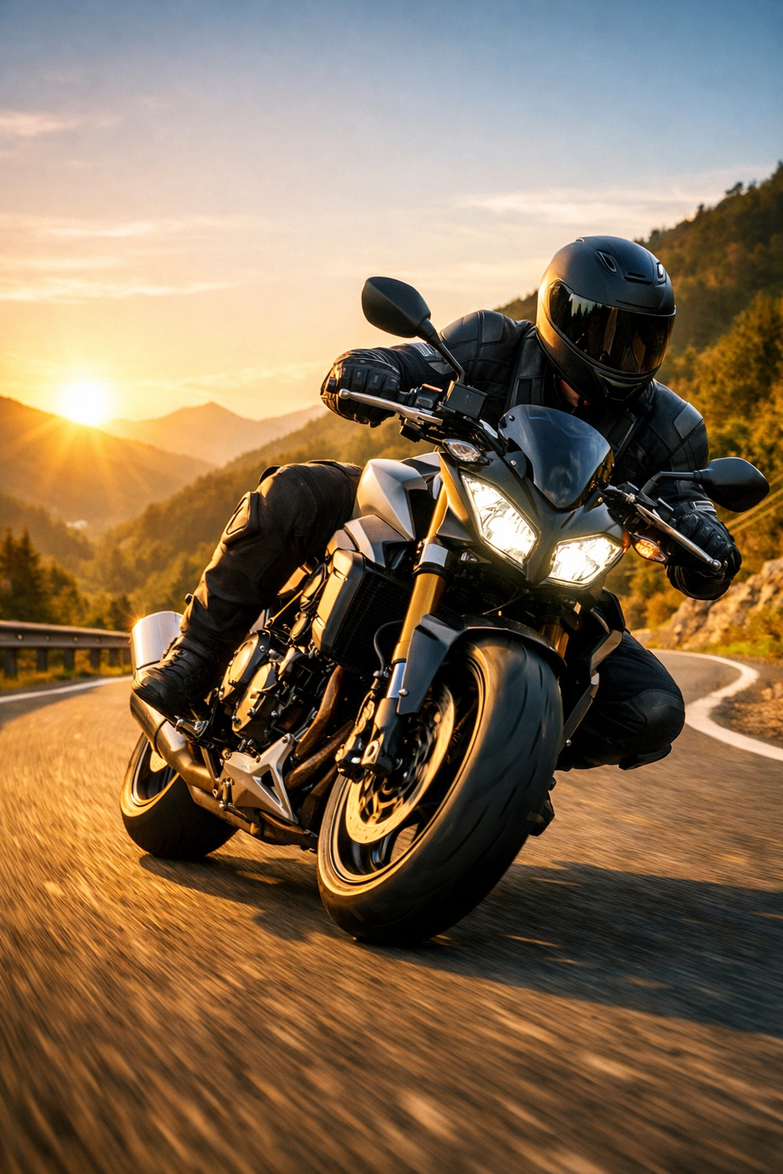 A motorcycle rider wearing safety gear navigating a mountain road to promote safe riding practices.