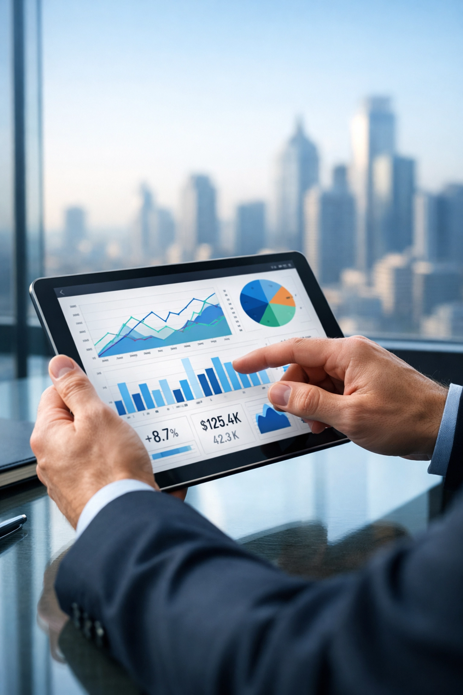 Business professional monitoring daily DOOH performance data and insights on a tablet in a modern office.