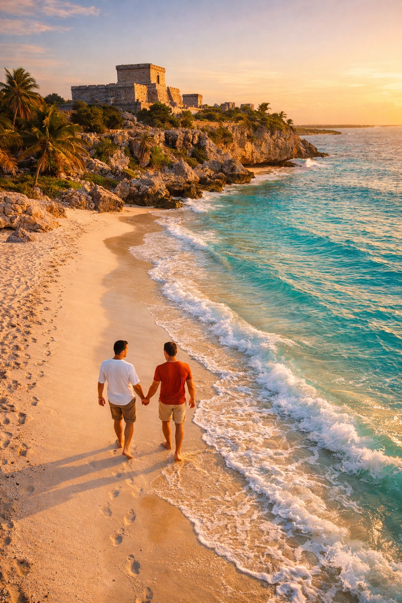 Gay couple holding hands on Tulum beach at sunset with ancient Mayan ruins