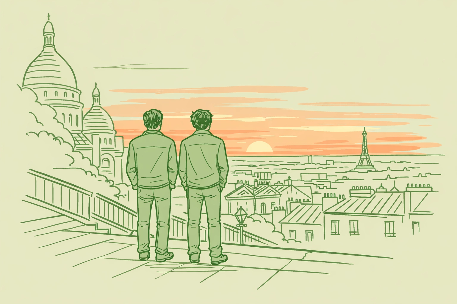 Step-brothers watching Parisian sunset from Montmartre in contemporary gay romance