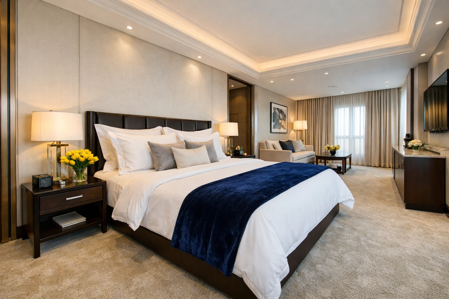Pristine master bedroom in a Needham home showing the comfort provided by regular weekly house cleaning.