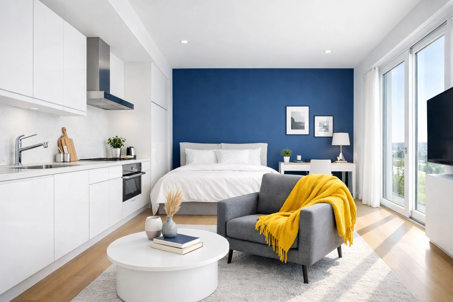 Spotless modern studio interior showcasing the results of professional apartment cleaning in Massachusetts.