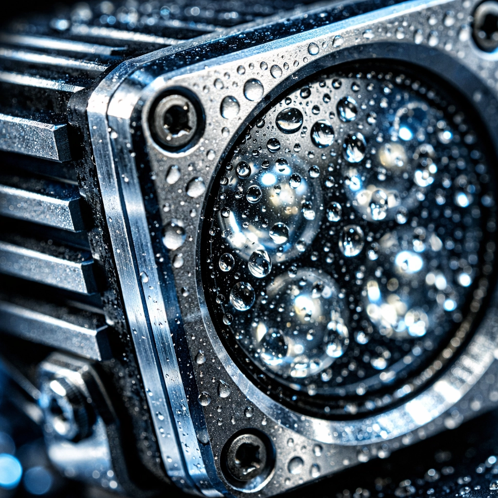 Waterproof LED cube light housing with aluminum cooling fins and precision construction