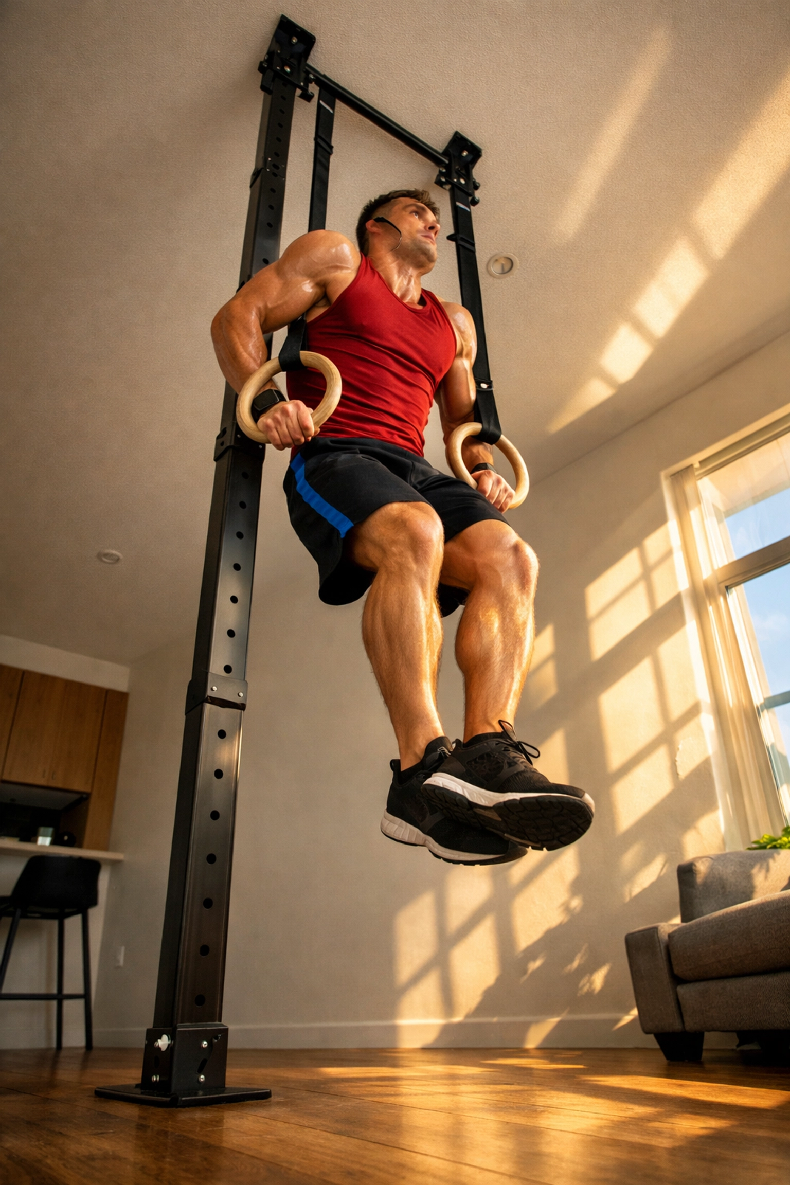 Athlete performing muscle-up on gymnastics rings using floor-to-ceiling home gym system