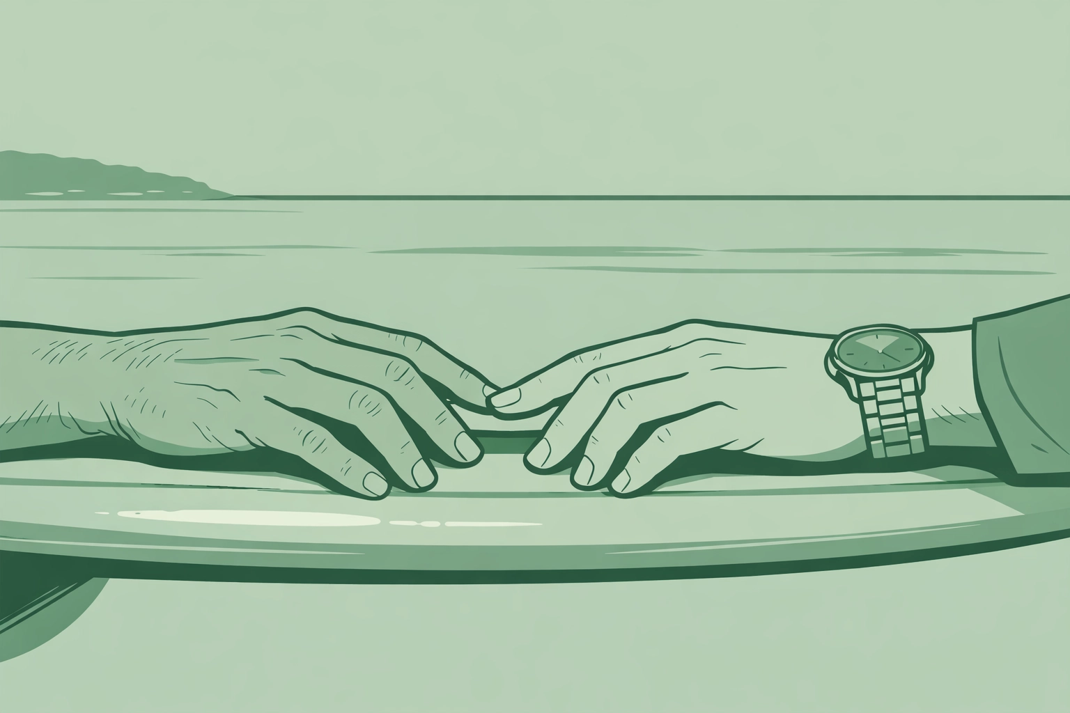 Forbidden attraction shown through MM couple's hands almost touching at Bondi Beach