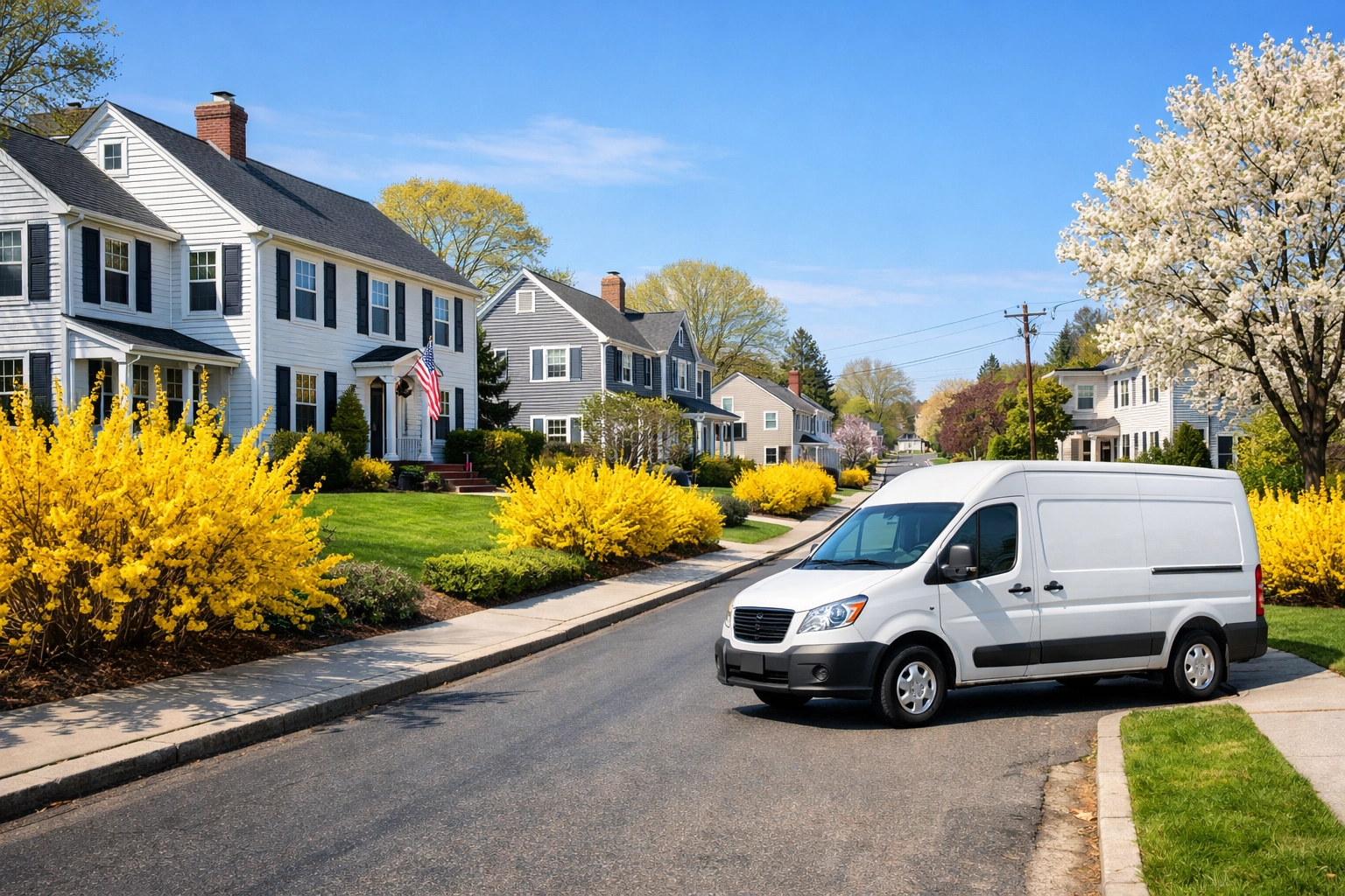 A professional cleaning service van parked at a luxury New England home offering house cleaning services MA.