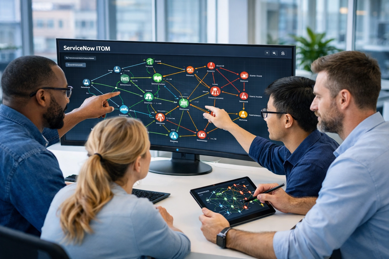 IT team collaborating on ServiceNow ITOM topology map showing service relationships and correlations