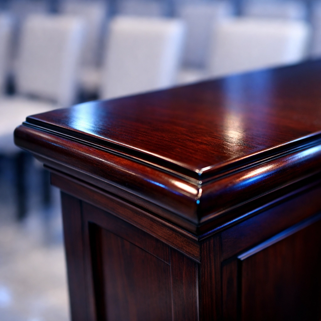 Deeply sanitized mahogany podium and guest seating in a meticulously cleaned funeral home.