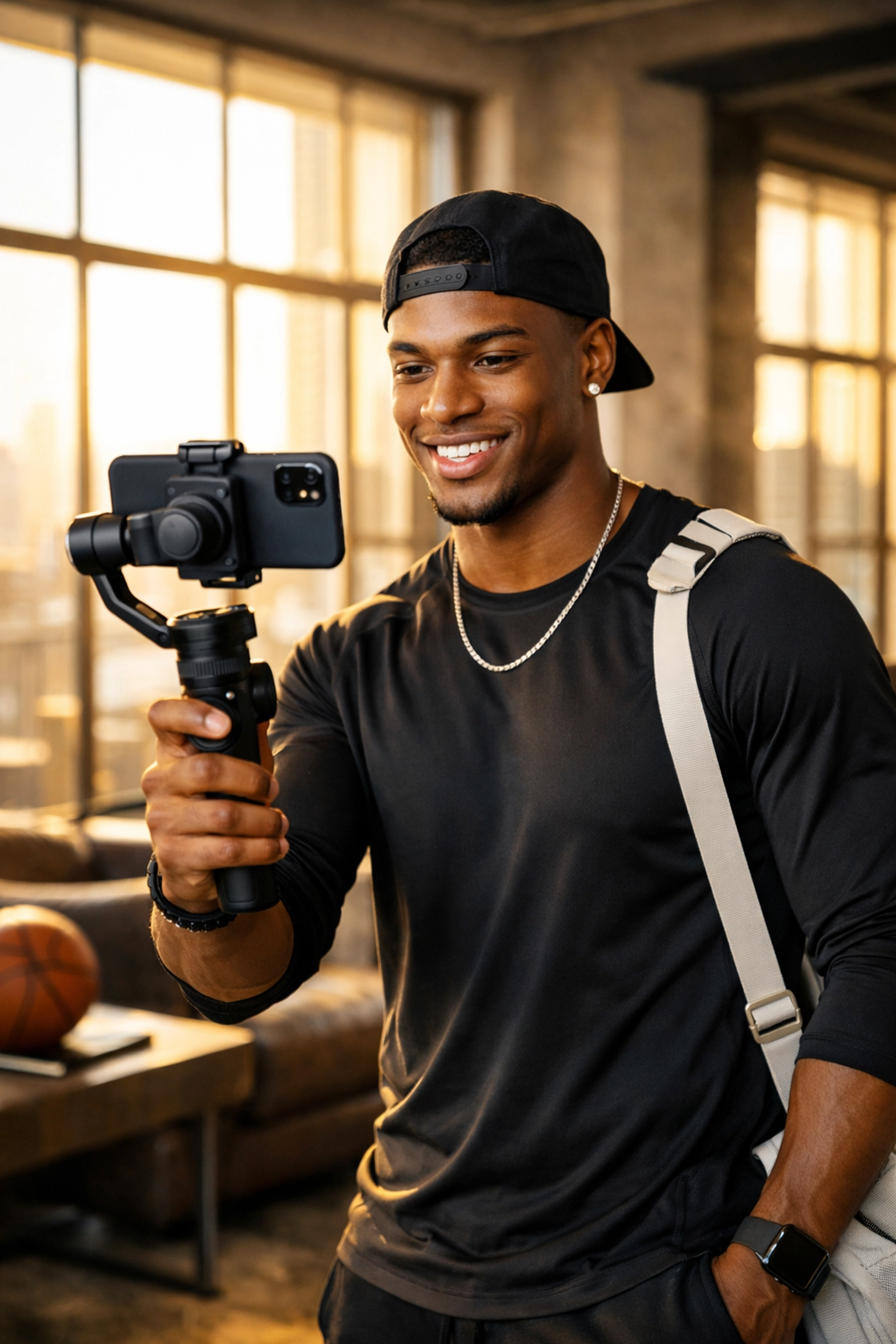 Student-athlete recording authentic NIL video content for global brand partnerships in a modern loft.