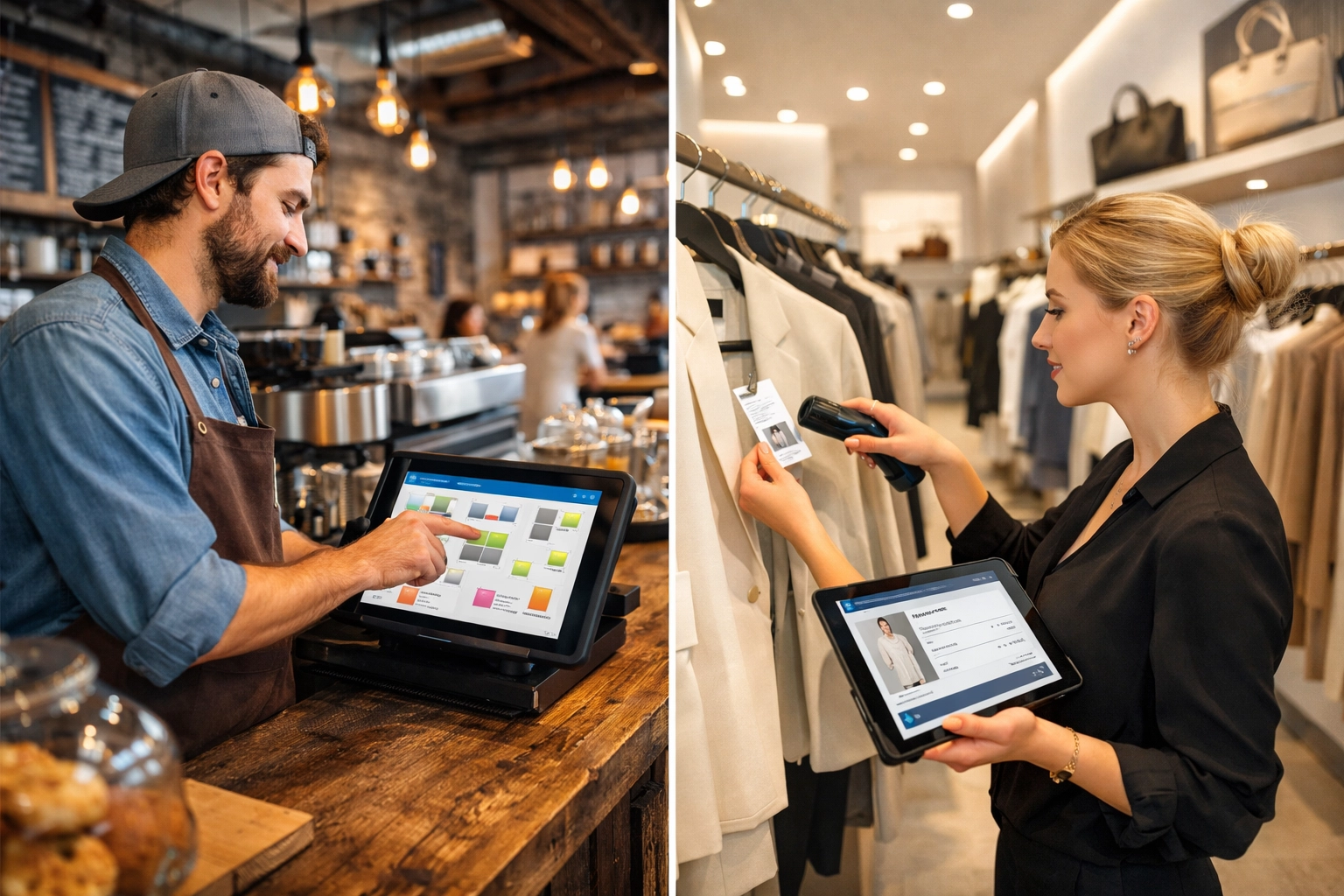 Dual-view showing a retail POS system for clothing and a restaurant POS system for a busy cafe.