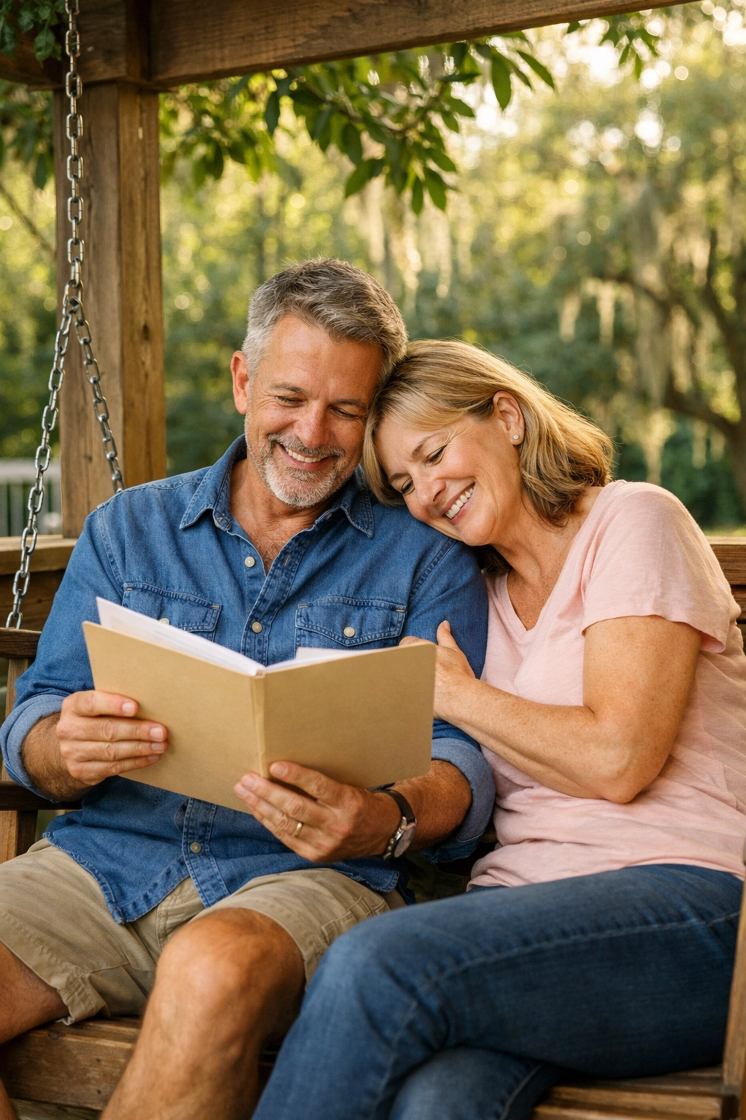 Georgia homeowners on a porch swing feeling relieved after choosing cash home buyers for a quick sale.