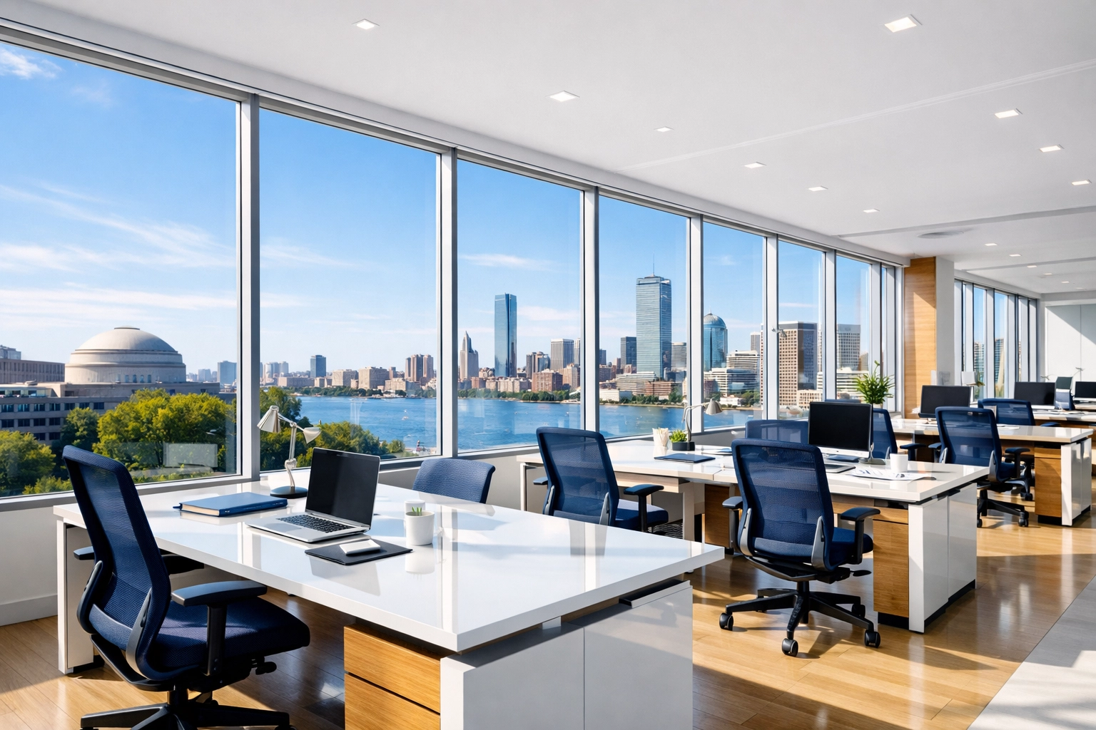 Clean open-concept Boston office with white desks and skyline views after a professional office cleaning strike.