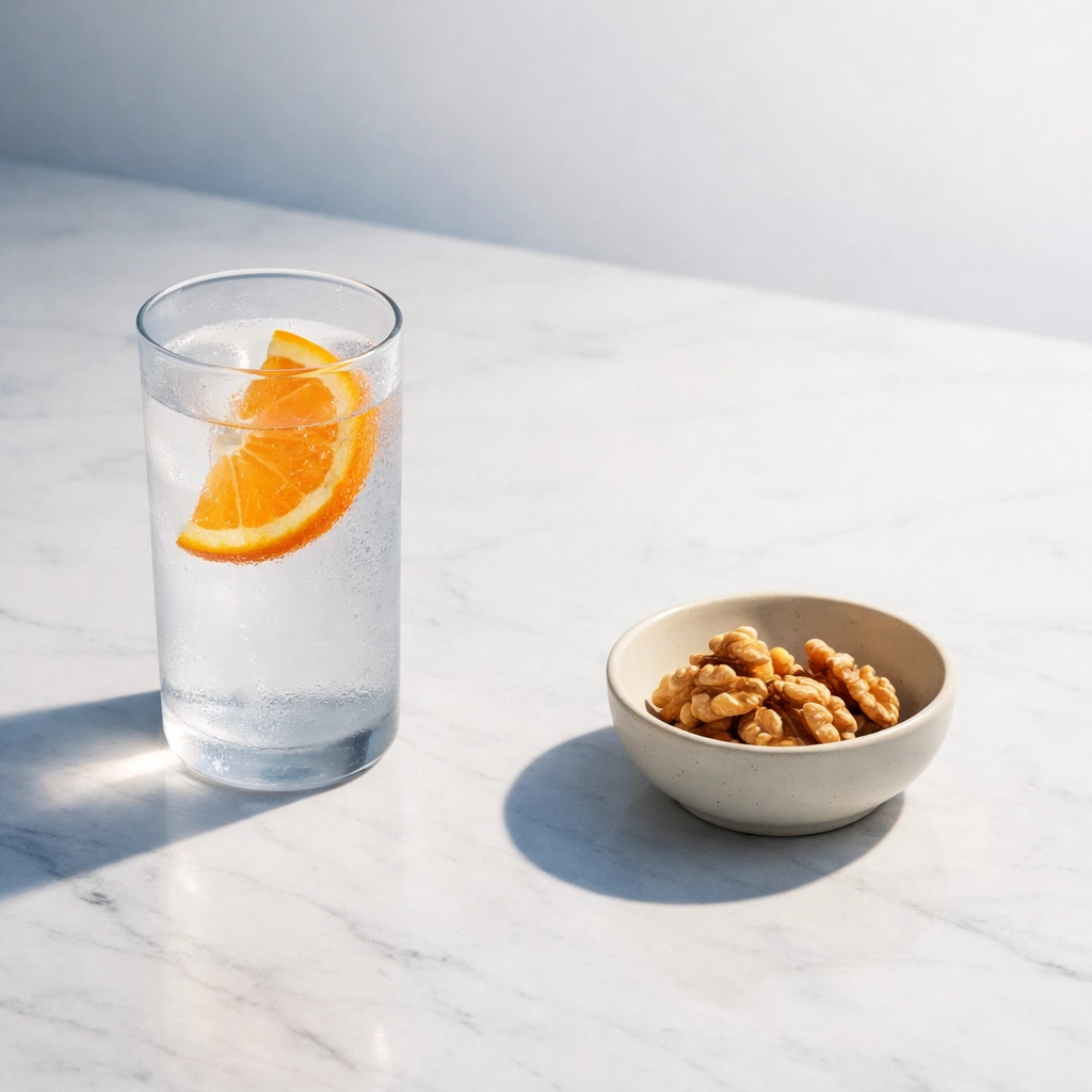 High-protein walnuts and refreshing water on a kitchen counter, showing mindful nutrition for weight loss success.