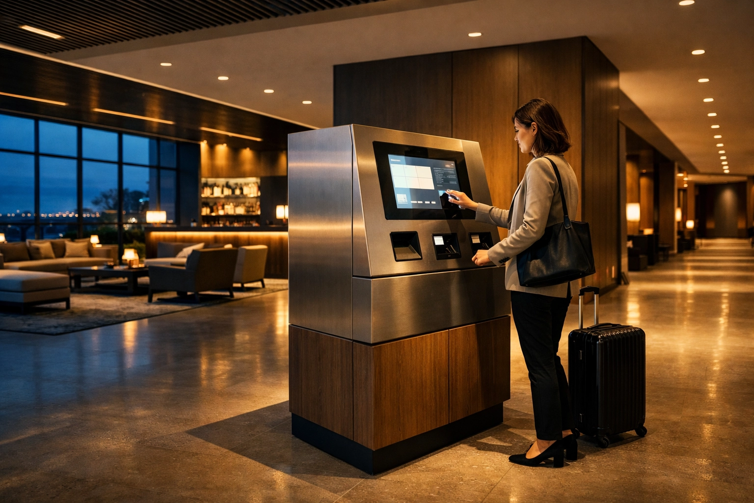 A guest using a minimalist self-check-in kiosk in a contemporary hotel lobby with warm, modern lighting.