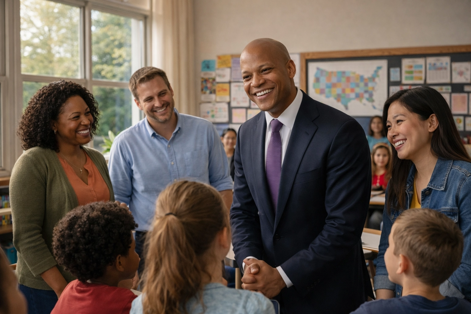 Maryland teachers collaborating in classroom under Governor Moore's education reforms