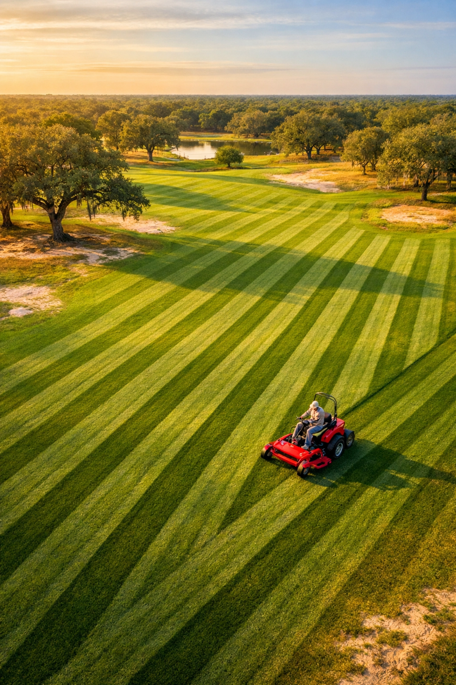 Large Ocala property with red zero-turn mower creating striping patterns across acres of lawn