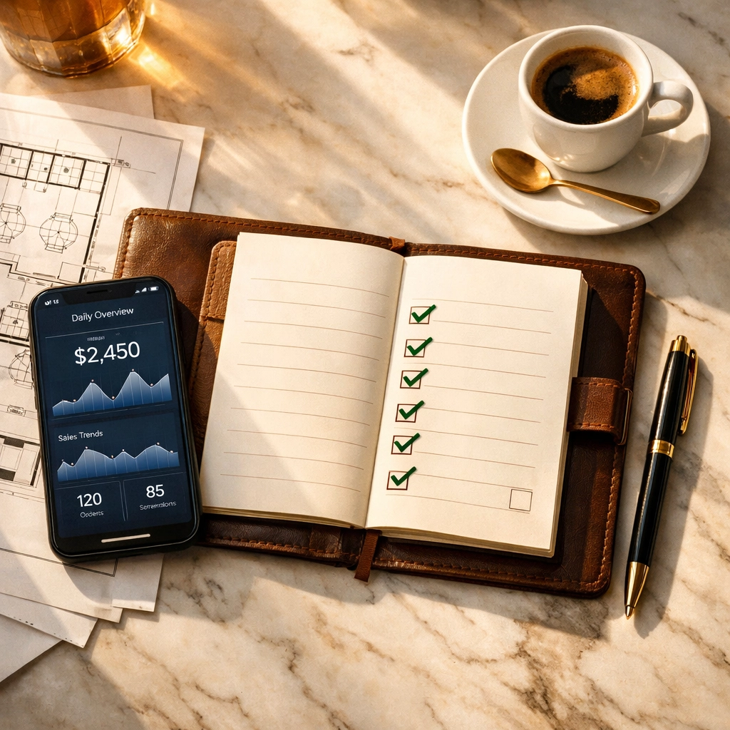 Founder operating system checklist with business metrics and strategic planning tools