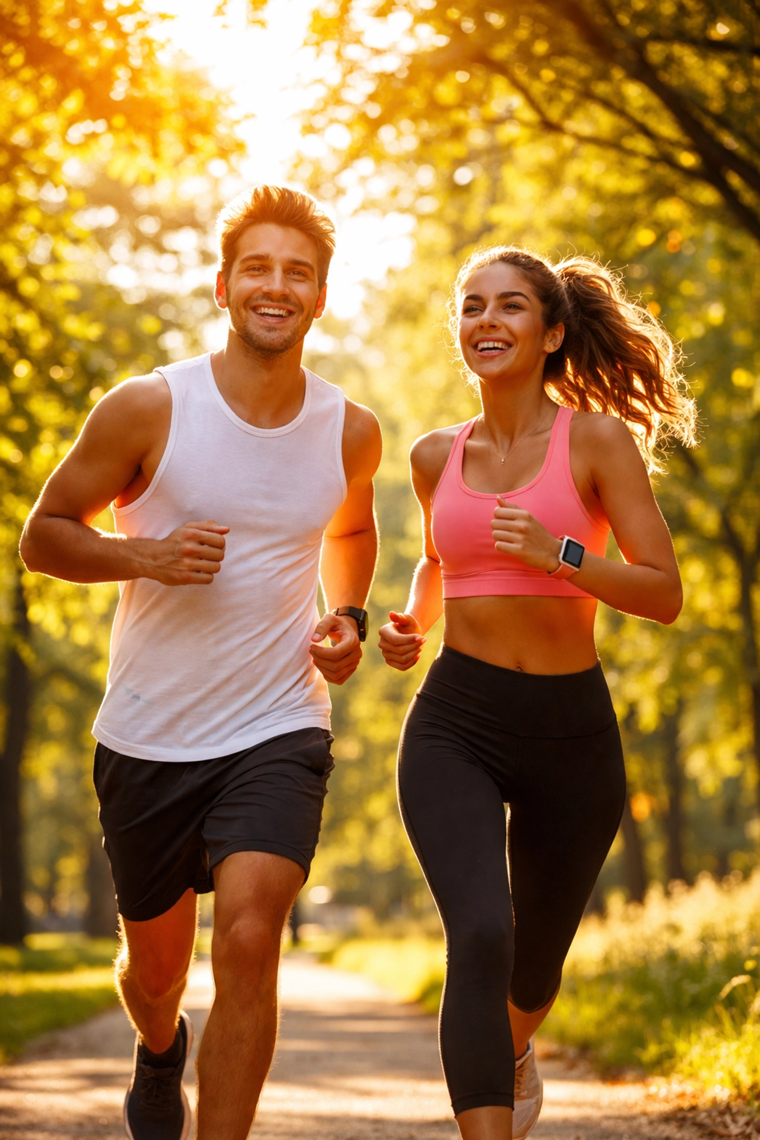 Young couple jogging in sunlight representing benefits of buying life insurance early and healthy