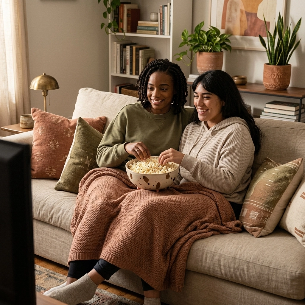 Couple sharing popcorn on a couch