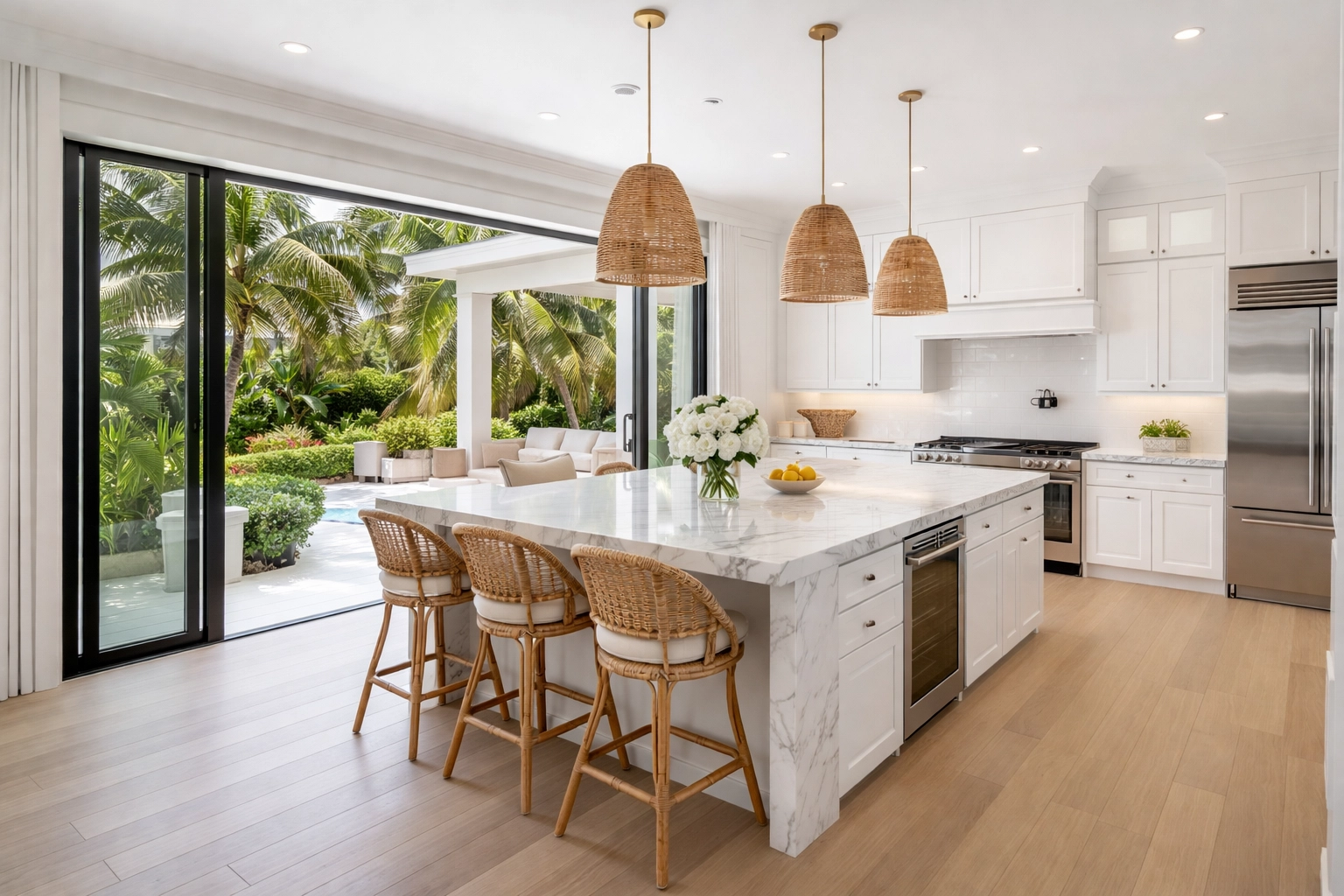 Open-concept custom kitchen in Florida home with white cabinetry and outdoor patio views