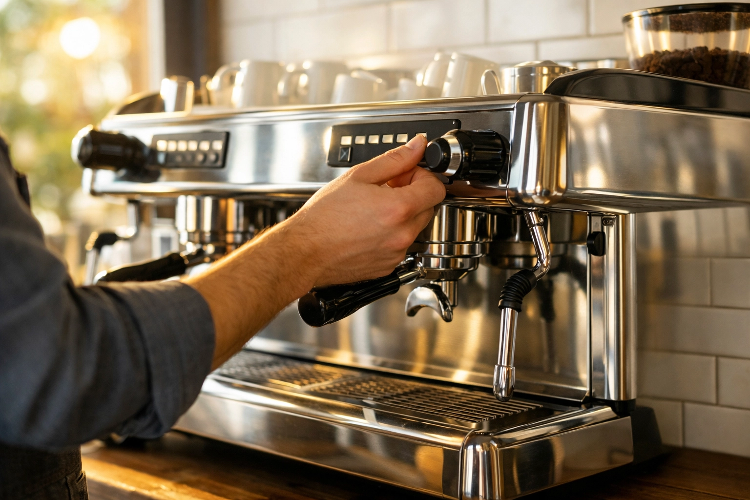 Barista adjusting commercial espresso machine settings in specialty coffee shop