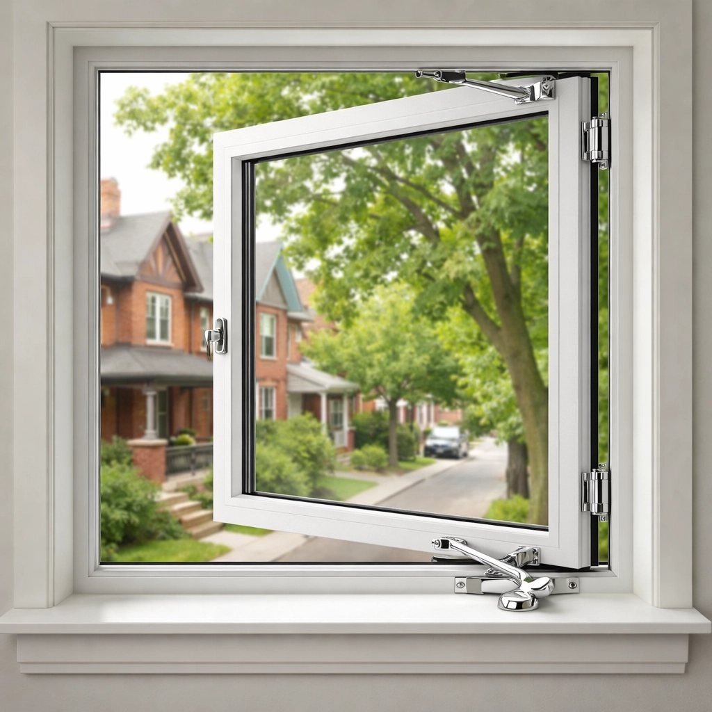 A restored casement window with new hardware in a Toronto home after professional repair.
