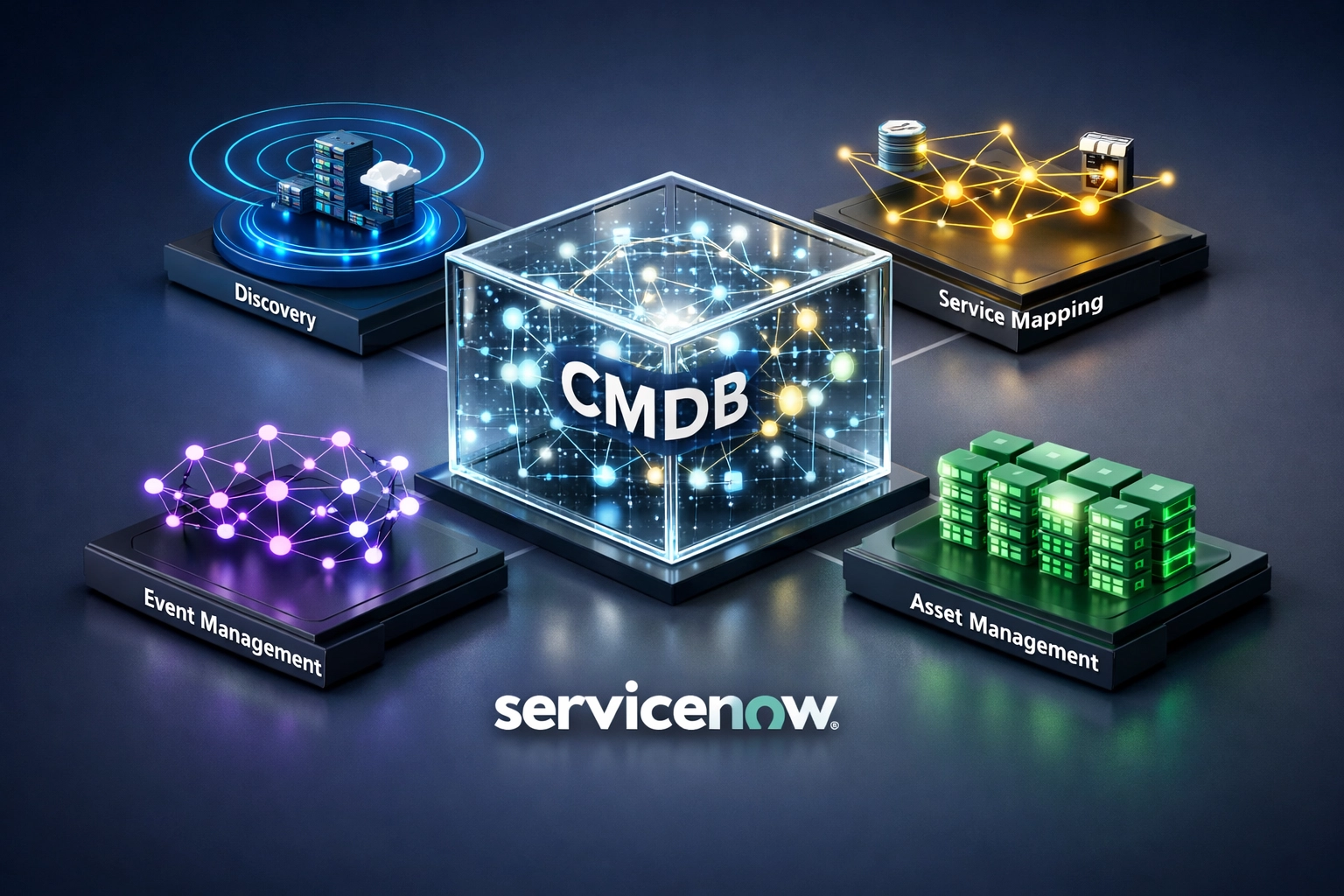 ServiceNow CMDB platform showing Discovery, Service Mapping, and Asset Management modules