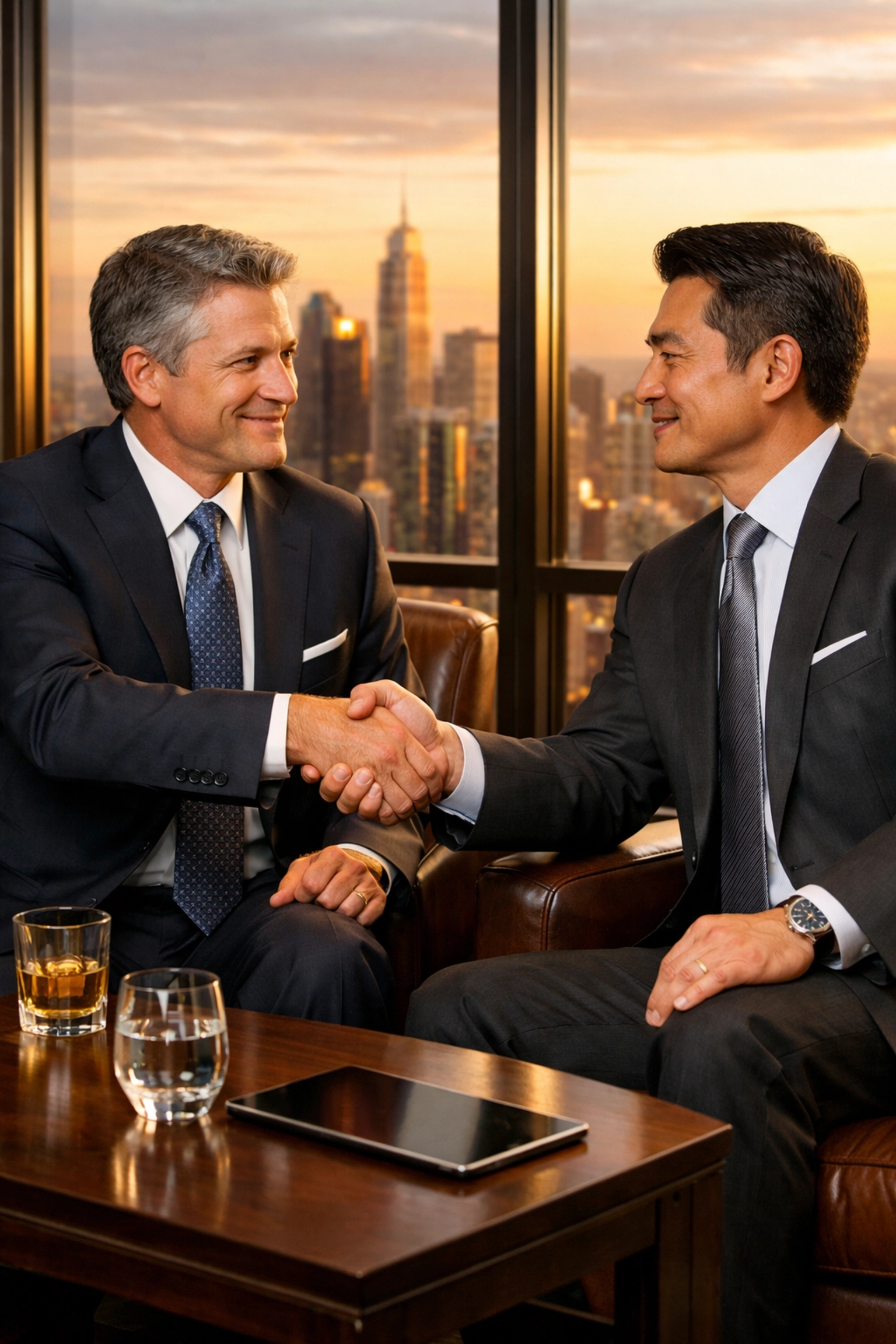 Executives closing a high-stakes business deal in a VIP lounge during the Super Bowl blitz.