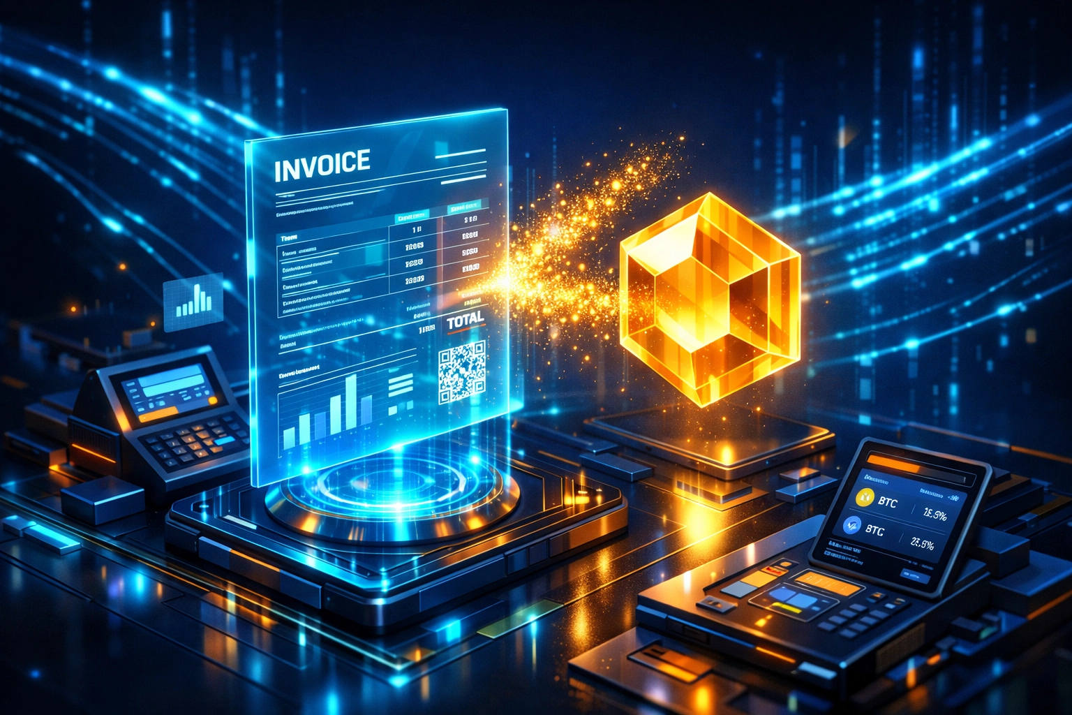Web3 merchant interface showing a digital invoice turning into a receivables token for instant business liquidity.