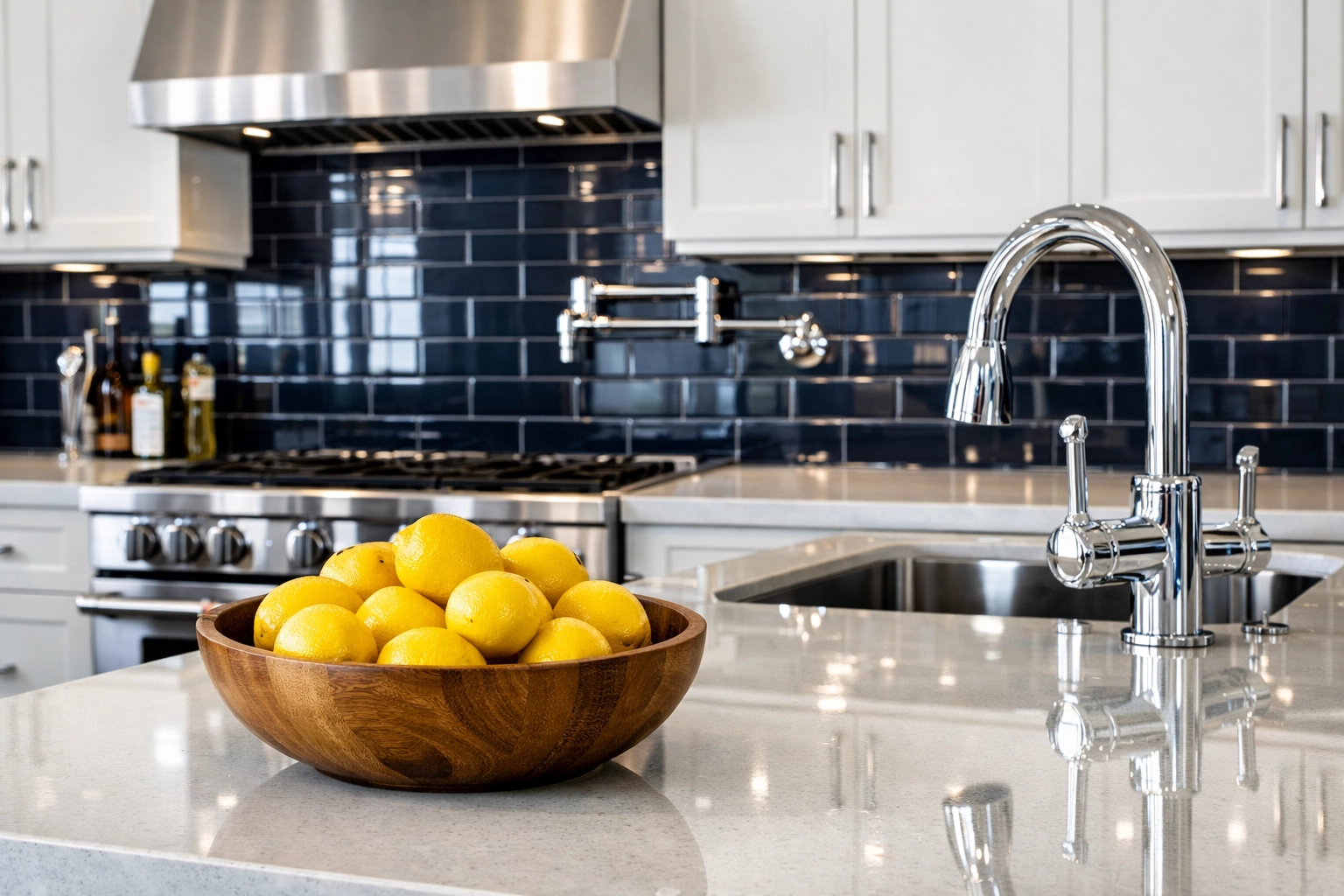 Sanitized luxury kitchen in Wayland with polished surfaces from a professional weekly house cleaning.