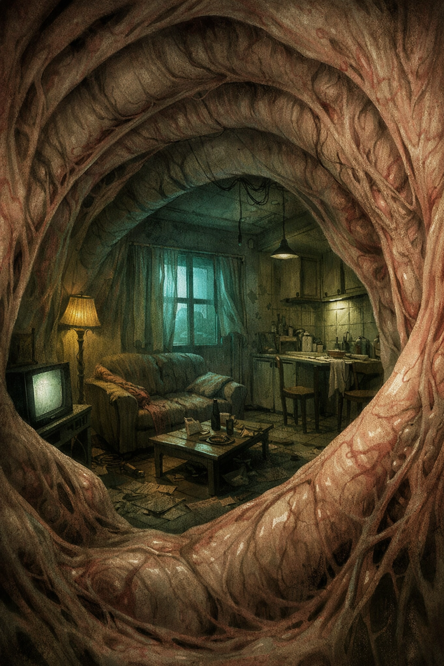 Body horror apartment interior with warped organic walls curving inward like ribs