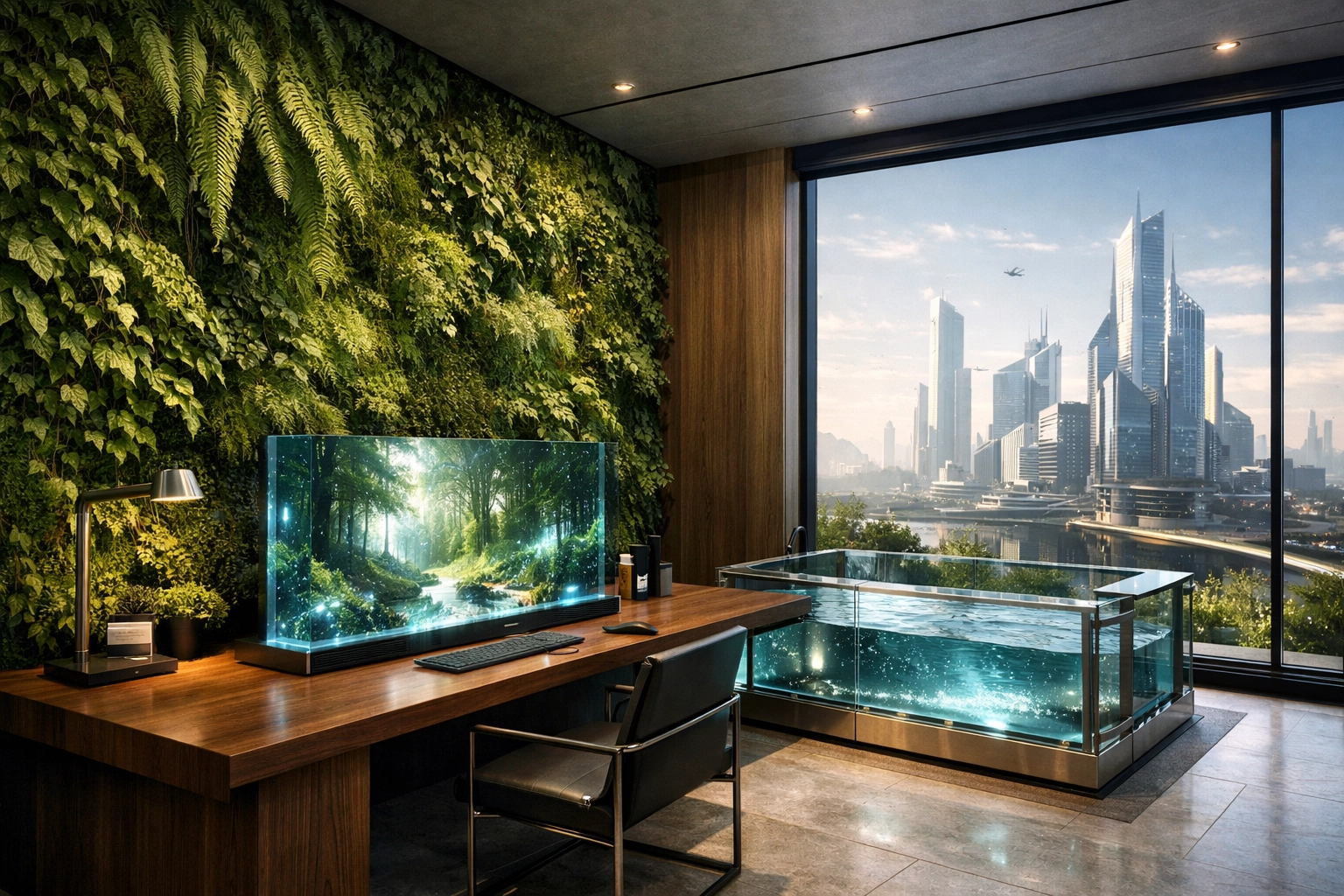 A modern home office with a vertical plant wall and forest display, showing biophilic design for urban wellness.