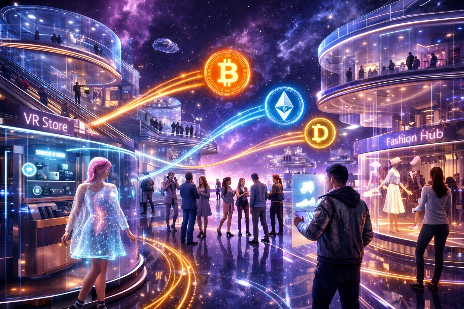 Futuristic metaverse shopping mall with VR avatars browsing products and crypto payment flows