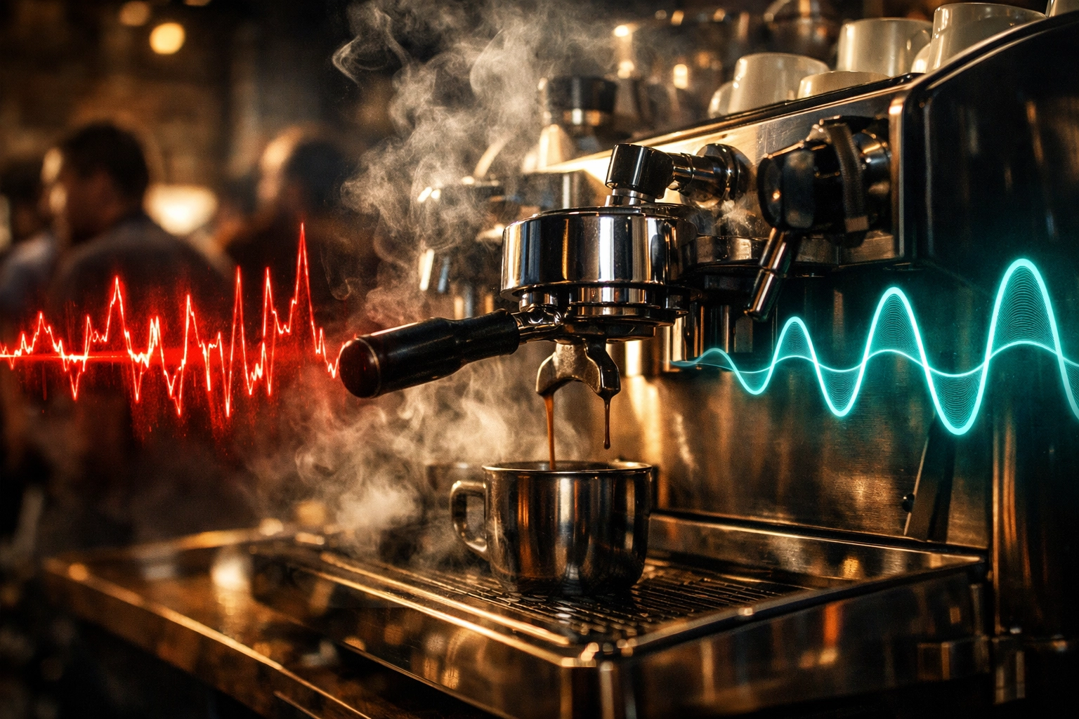 Comparison of chaotic Wi-Fi interference versus a stable, clear signal in a busy cafe environment.