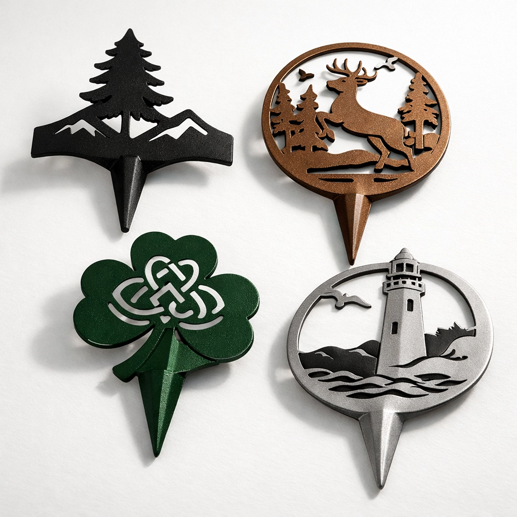 Collection of custom metal tee markers in various powder-coated finishes and designs