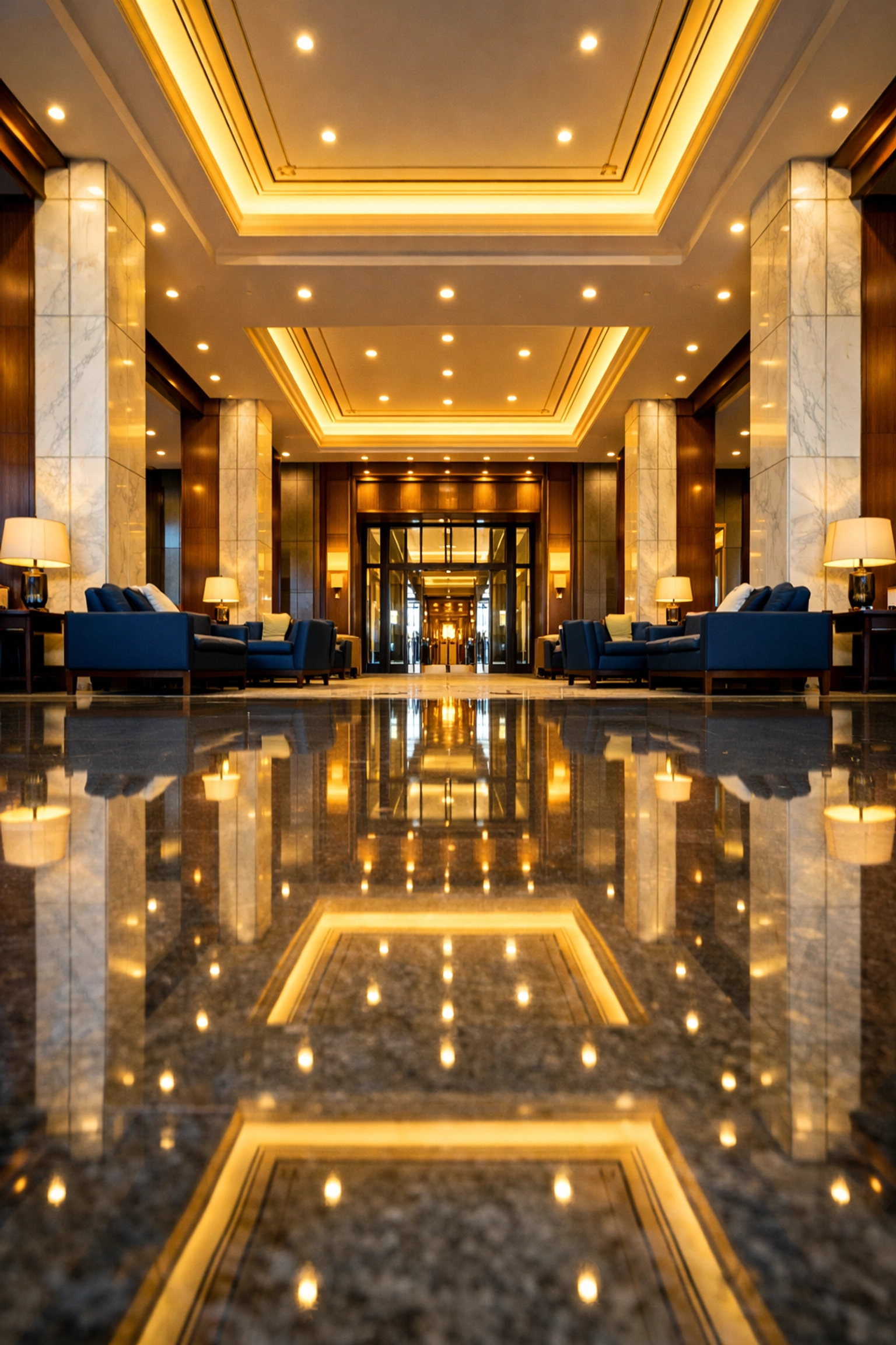 Polished commercial lobby floors showing the standard of professional cleaning services in Bedford, MA.