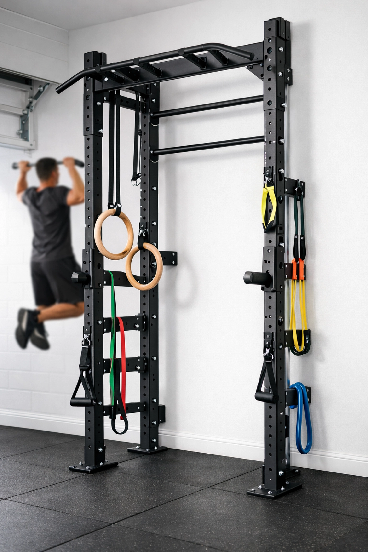 Floor to ceiling home gym system with pull-up bar, gymnastic rings, and resistance bands