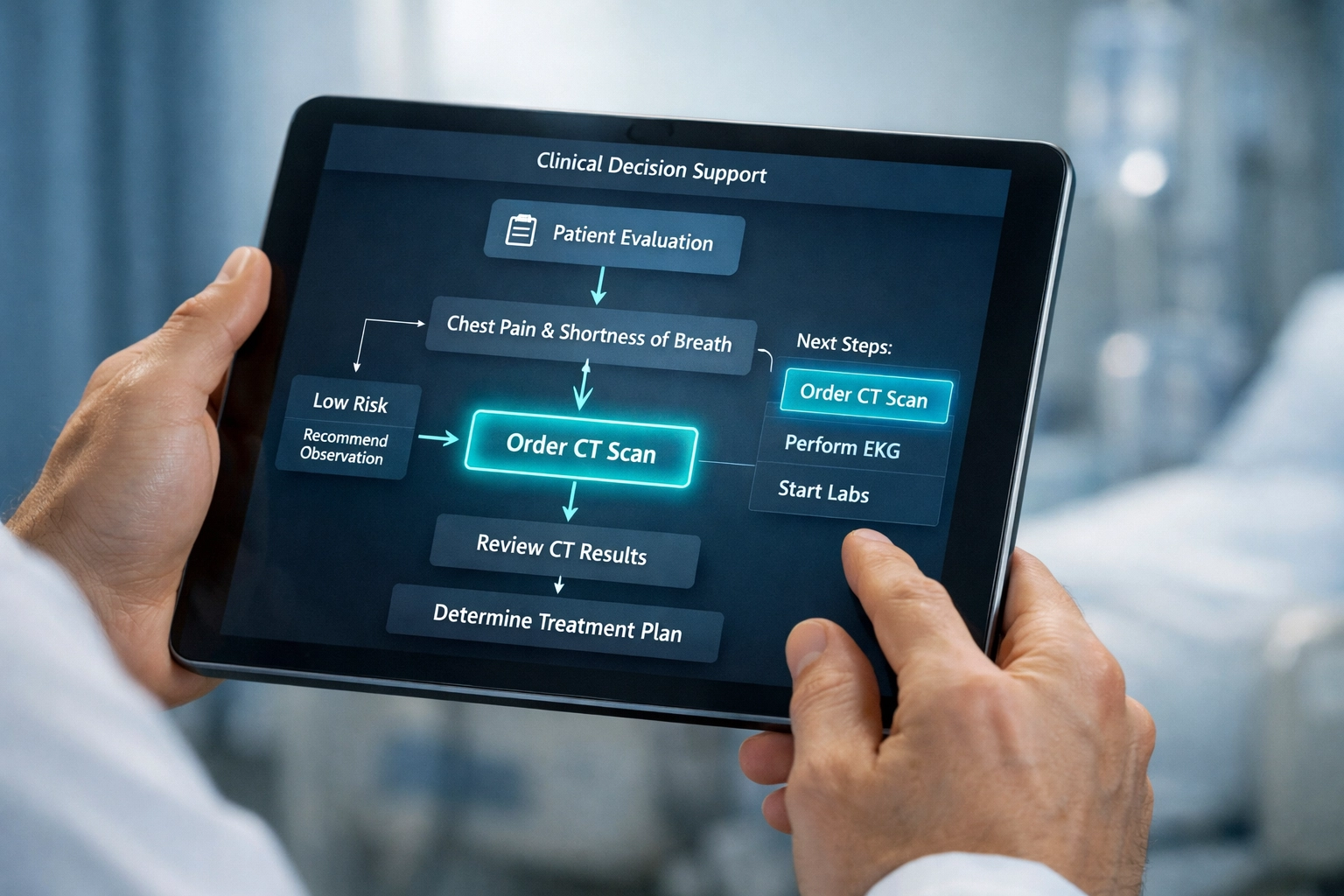 Healthcare professional using tablet with clinical decision support interface showing actionable patient alerts
