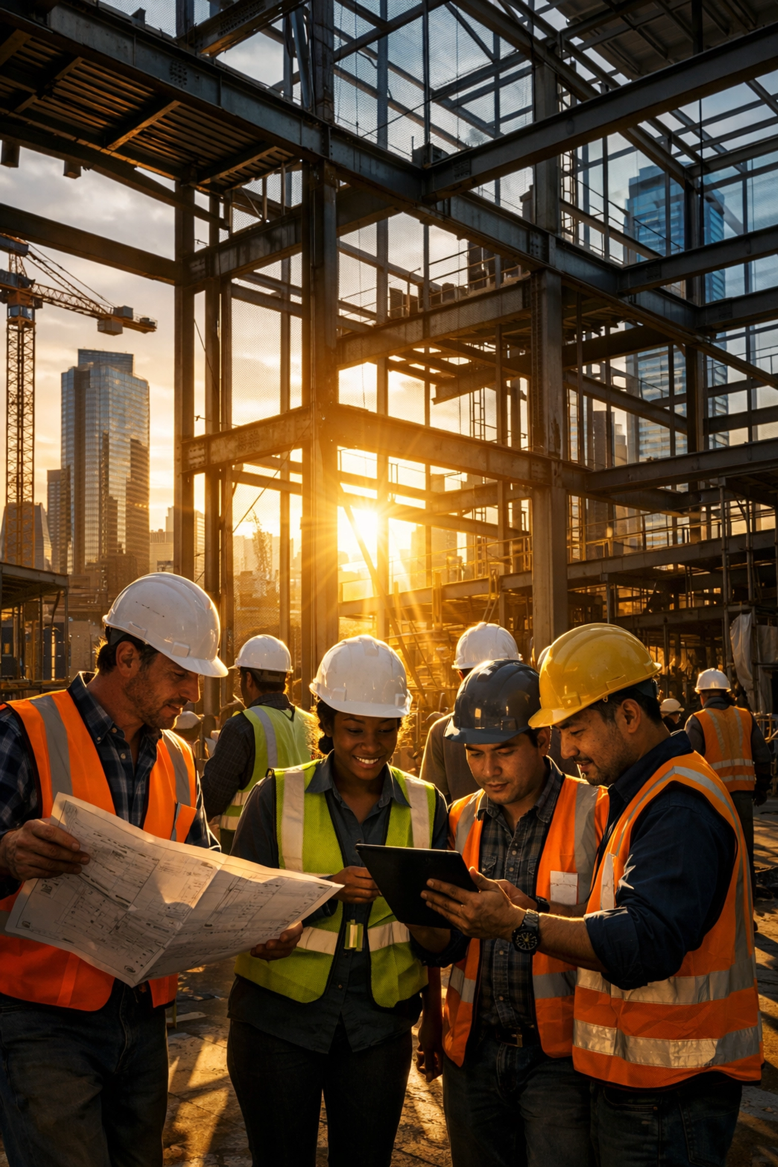 Infrastructure workers collaborating on workforce development at urban construction site