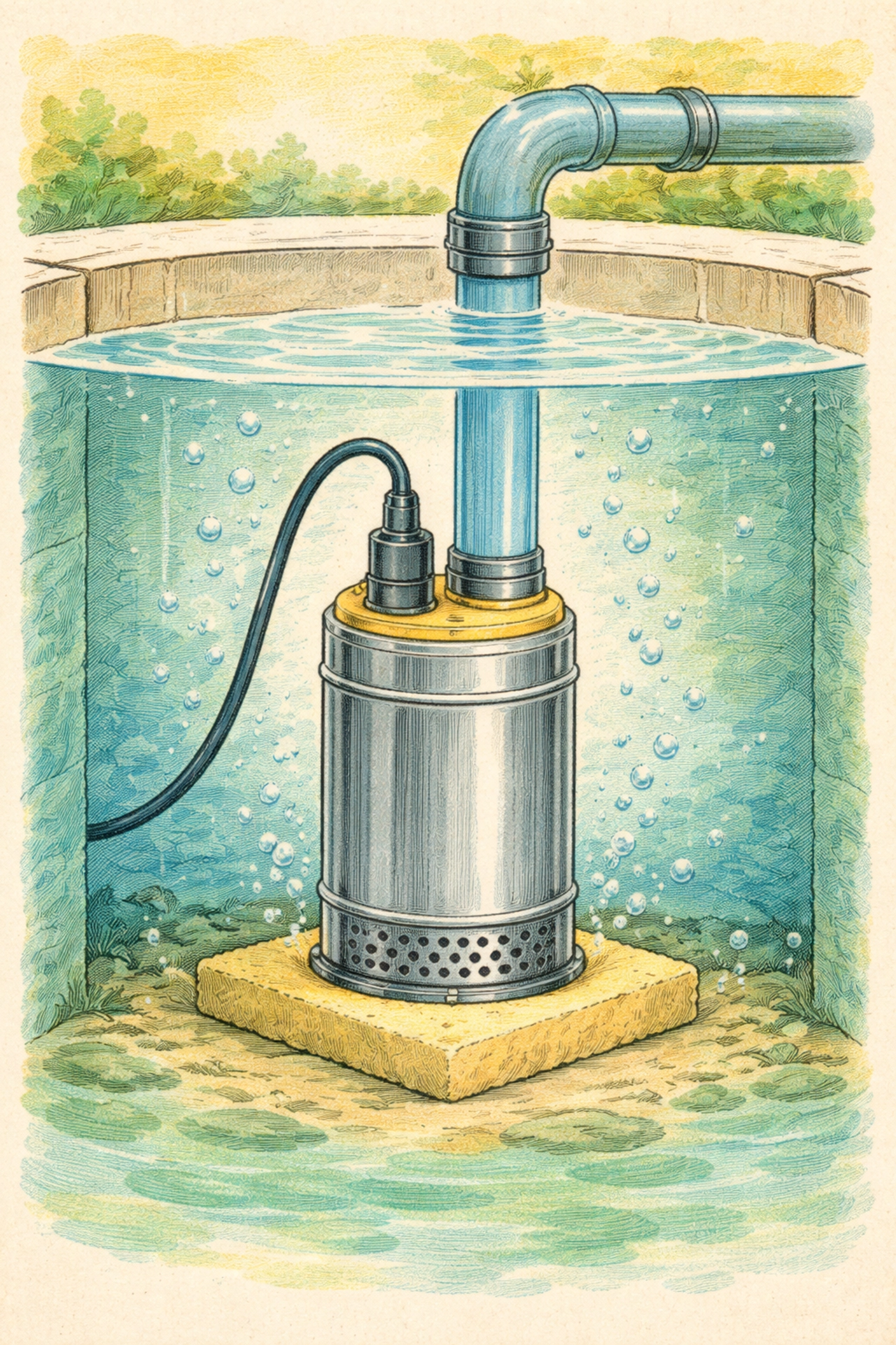 Cross-section of a submersible hydroponic pump on a foam pad inside a water reservoir with bubbles rising