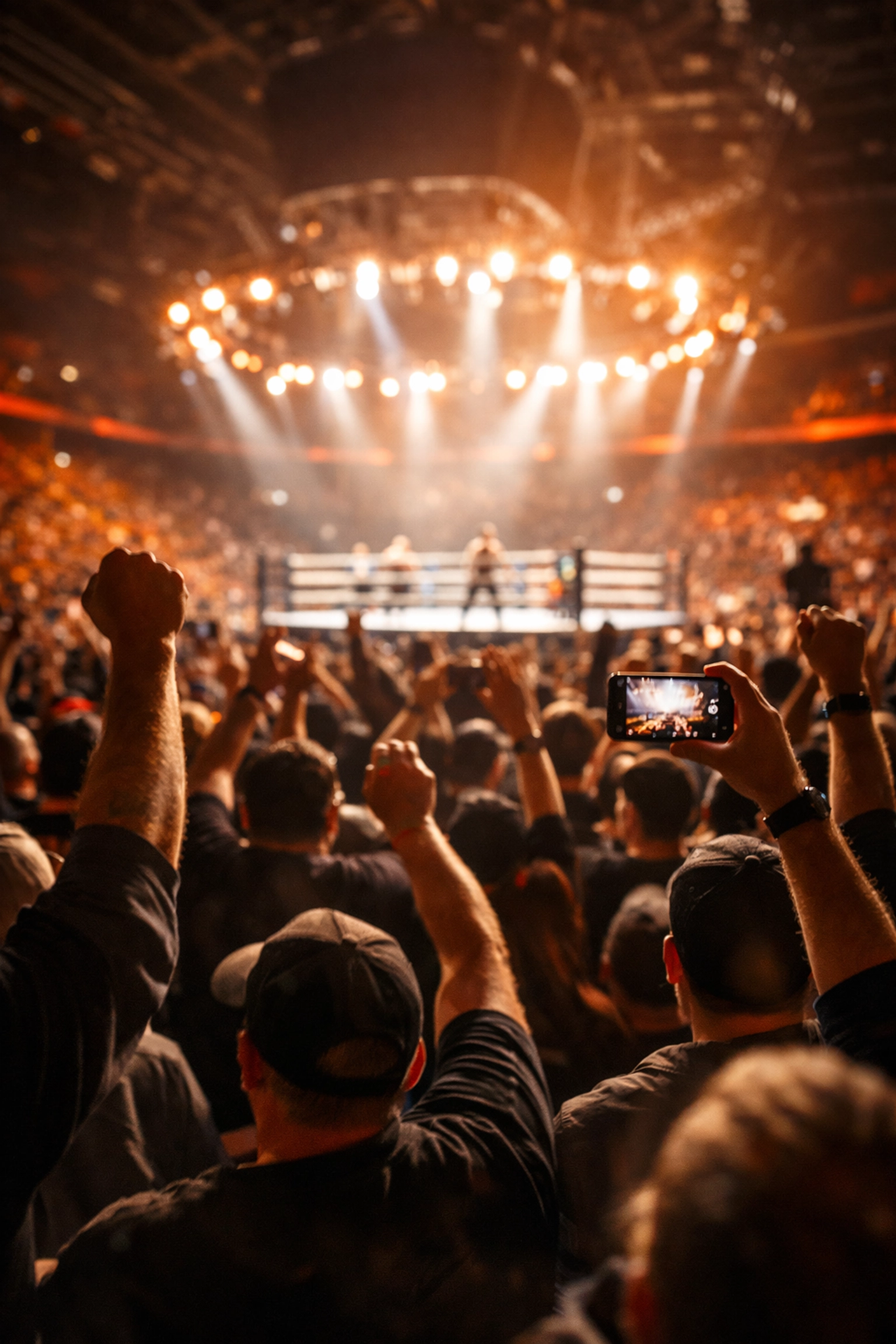 Excited WWE crowd with raised hands watching live wrestling match in arena