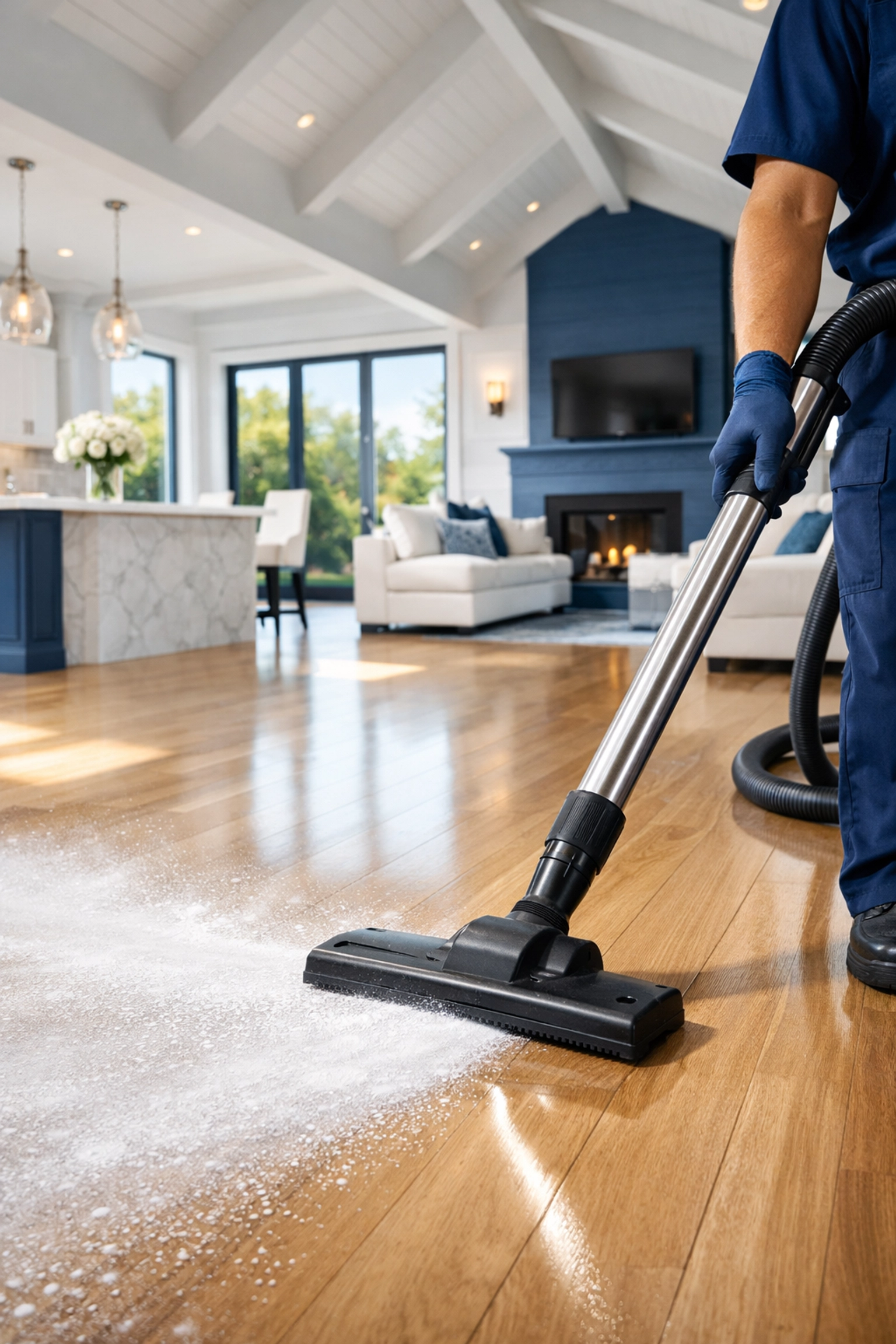 Professional post construction cleaning in Southborough using a HEPA vacuum on new hardwood floors.