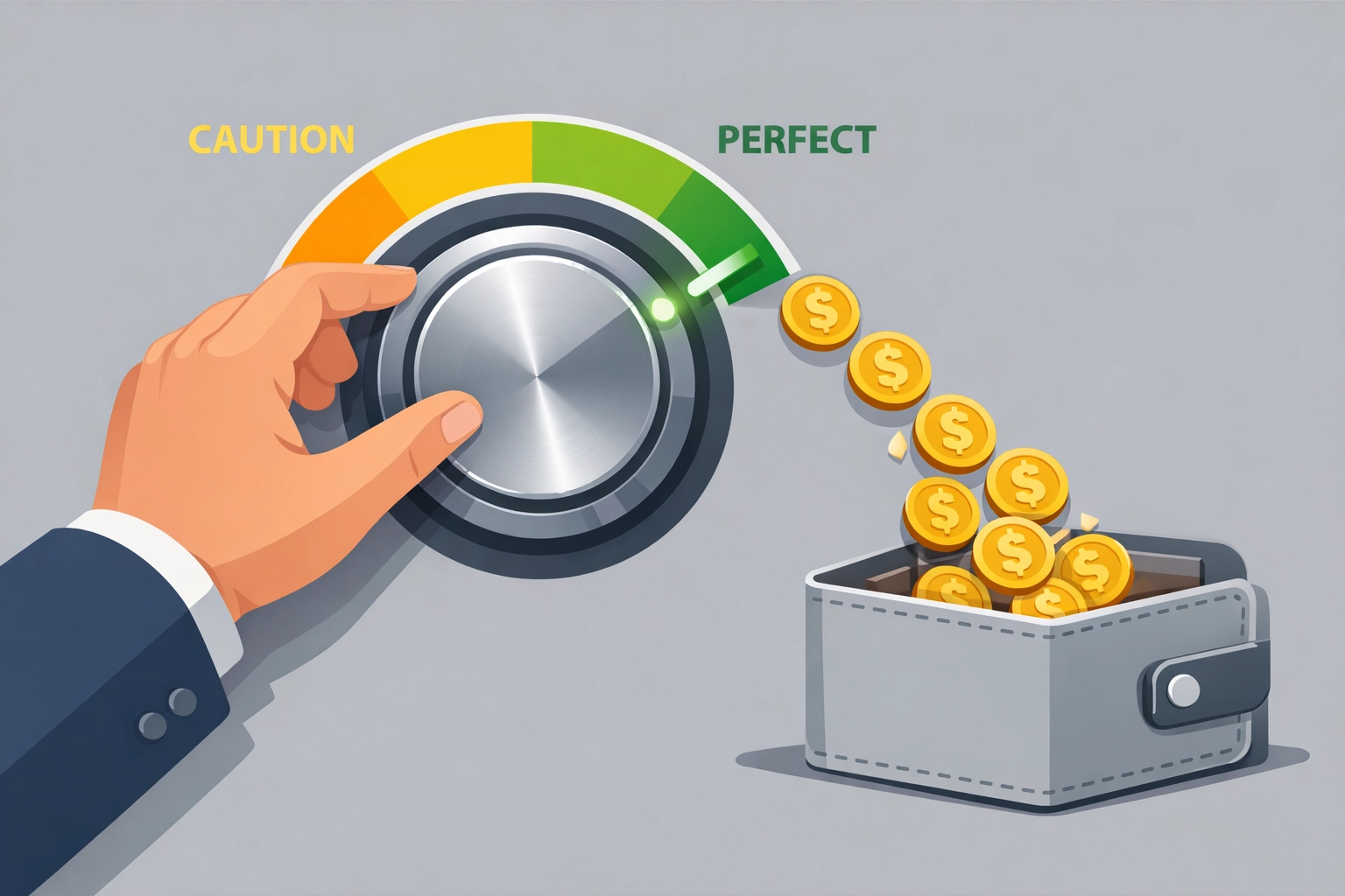Hand adjusting a dial to balance tax withholding and optimize monthly personal cash flow.