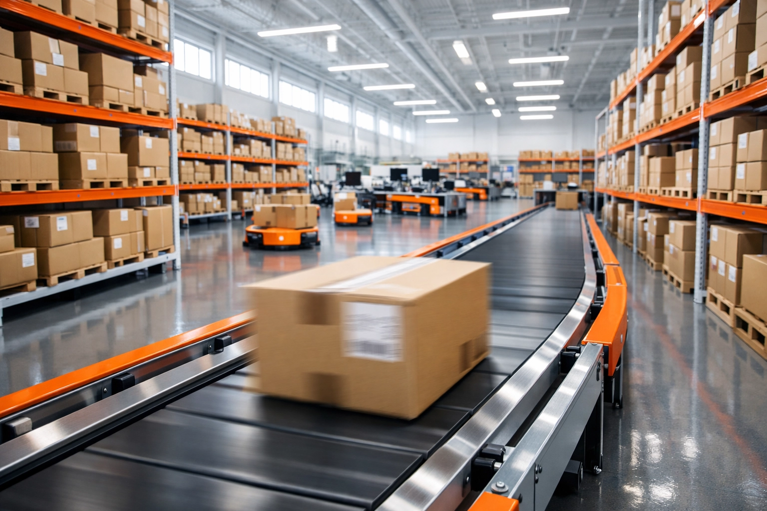 Automated 3PL fulfillment center with packages on a conveyor belt for fast global shipping.