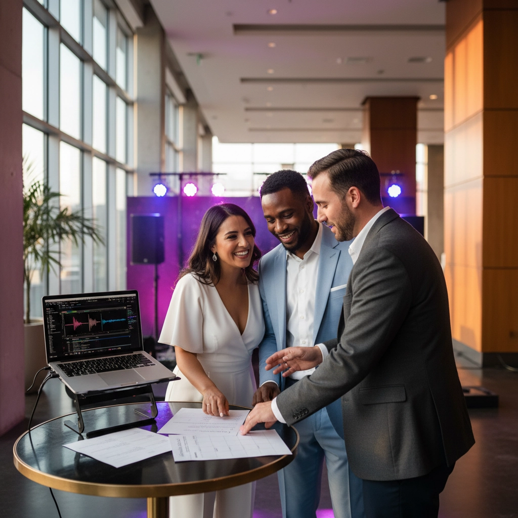 Three people smiling and looking at documents on a table in a modern room. A laptop displays audio waves. Bright lights and windows in background.