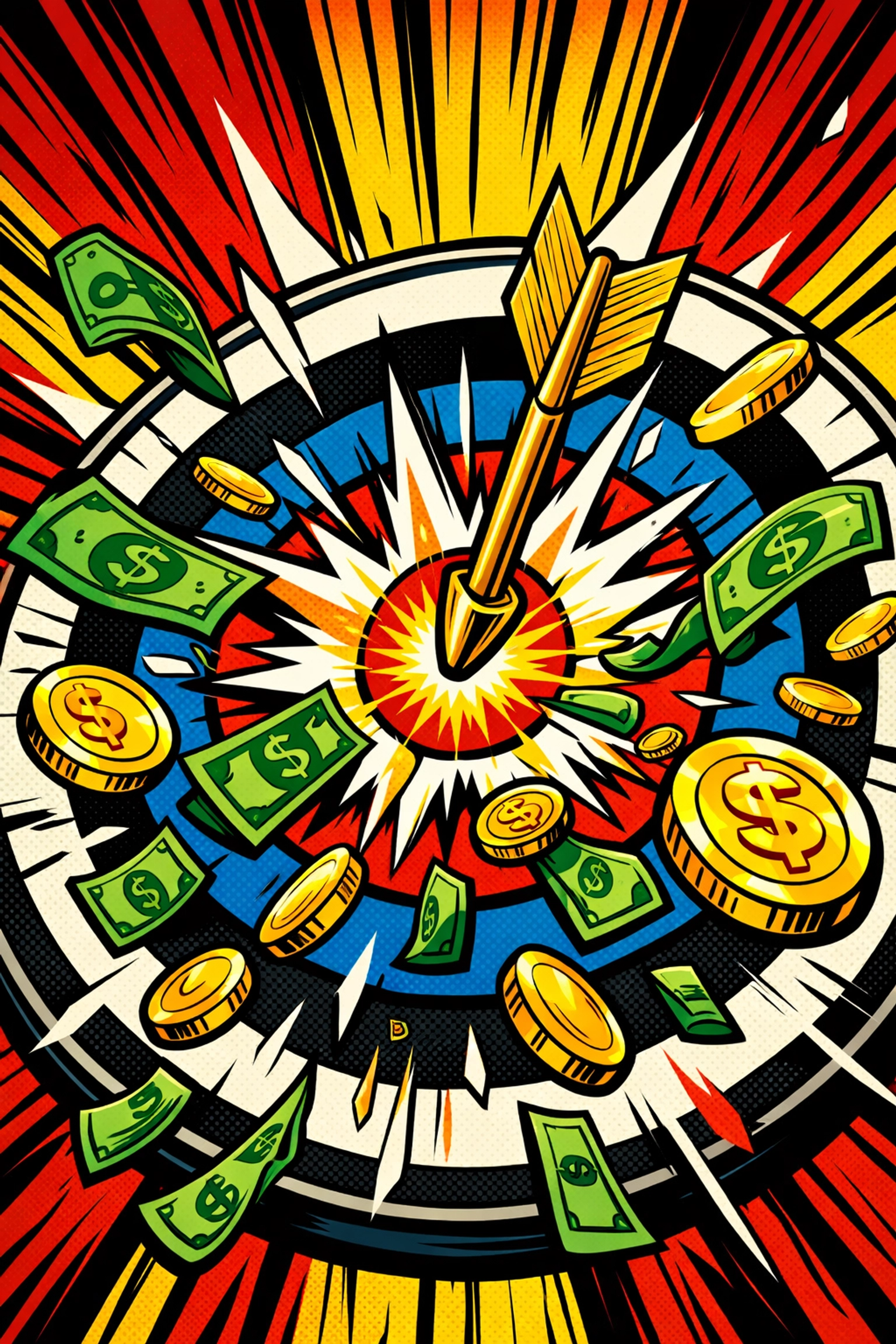 An arrow hitting a bullseye with exploding money, representing successful AI ad optimization.