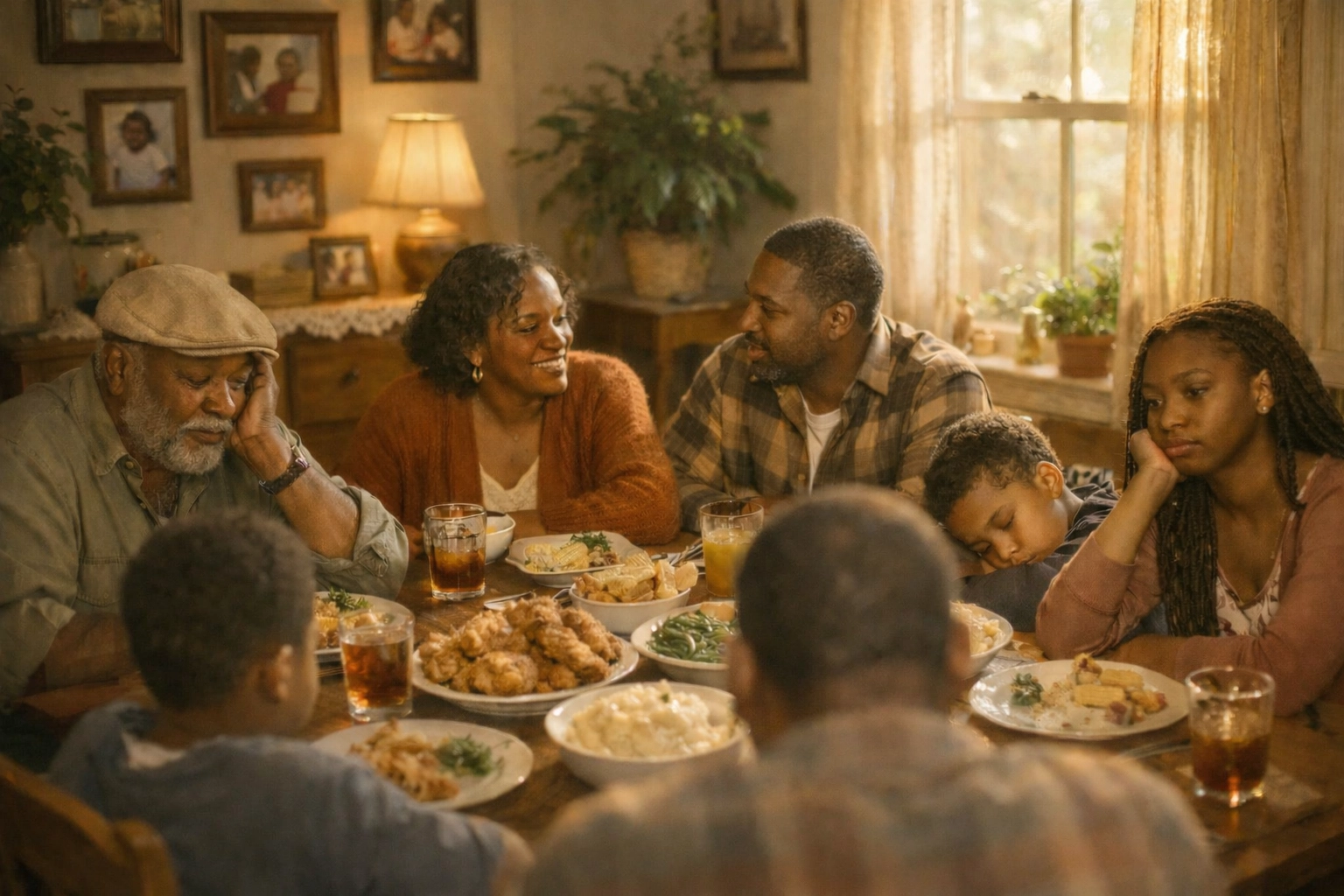 Multigenerational Black family gathered at dinner table showing connection and tension